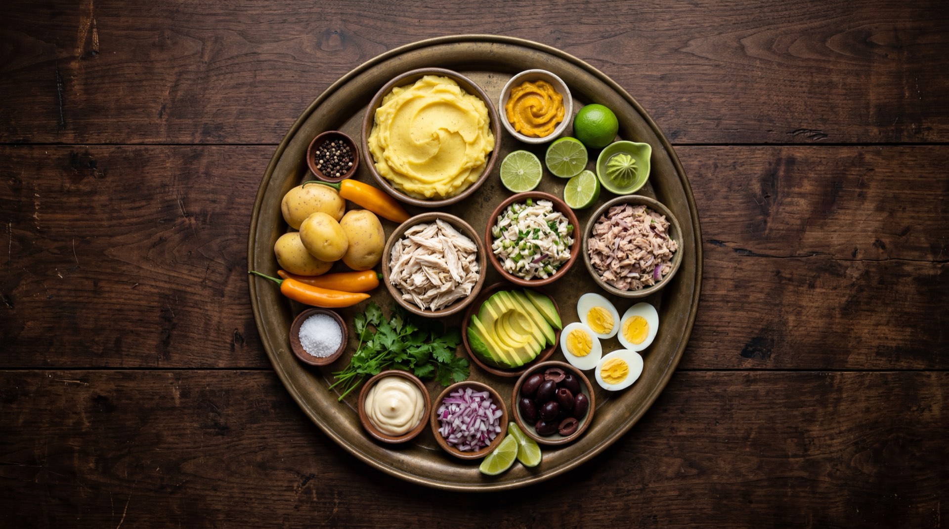 Ingredientes de la causa limena: papas amarillas peruanas cocidas, ajies amarillos frescos enteros, limones sutiles peruanos, palta Hass madura, pechuga de pollo cocida deshilachada, mayonesa casera, huevos duros, aceitunas de botija negras y aceite vegetal