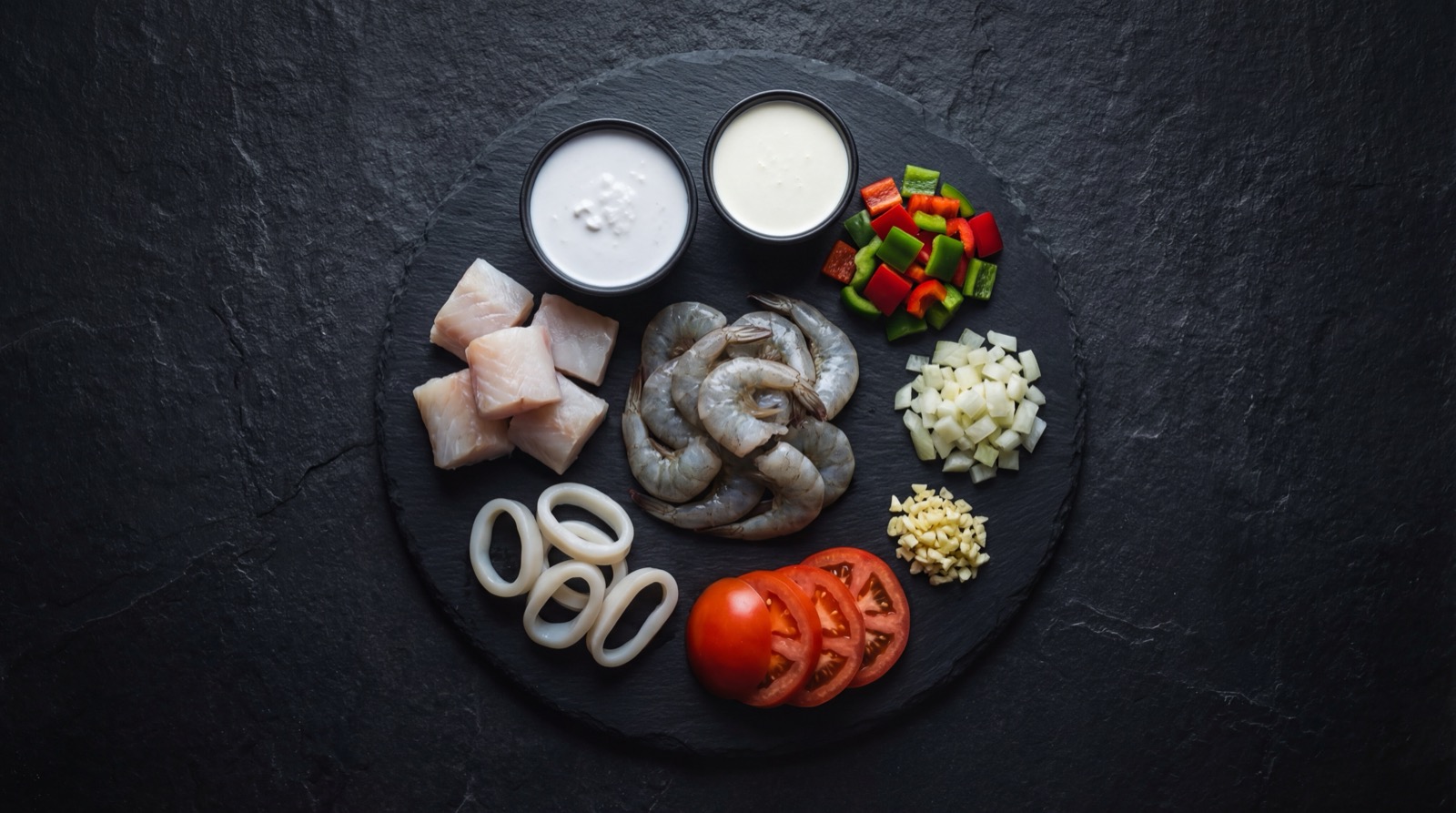 Ingredientes de la cazuela: camarones, pescado, calamar, langostinos, leche de coco, platano y vegetales