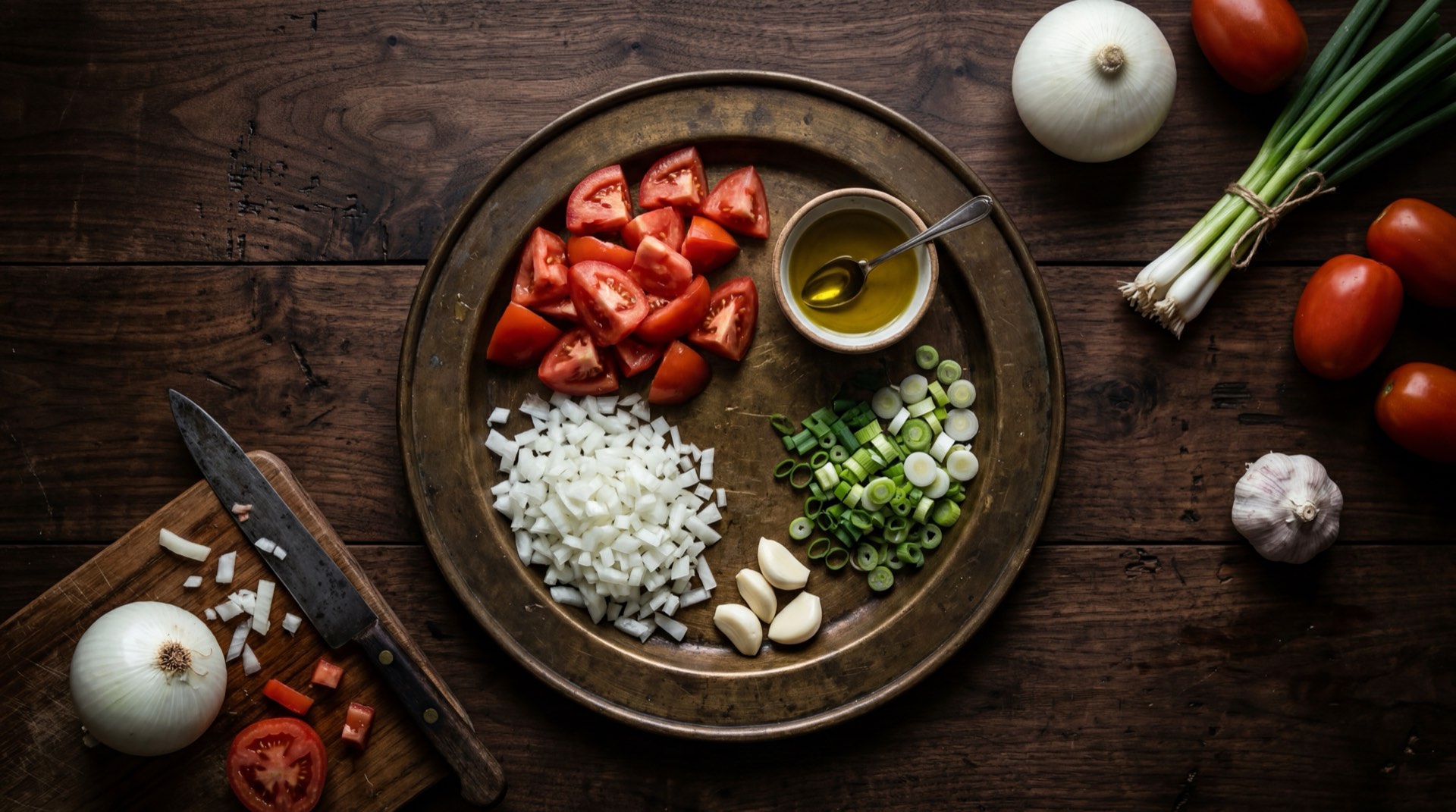 Ingredientes del hogao con cebolla larga colombiano: cebolla larga fresca en atado, tomates rojos maduros chonto, dientes de ajo fresco, aceite vegetal, comino molido y cilantro fresco