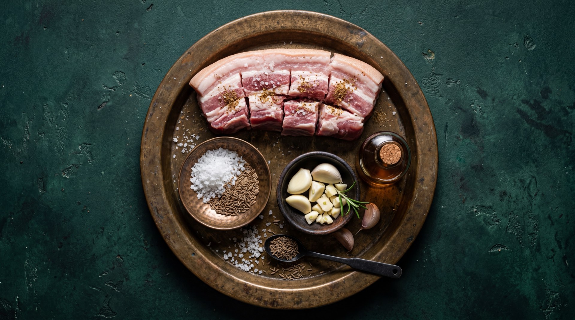 Cortes de cerdo colombiano crudos: lomo de cerdo magro, costilla de cerdo con hueso, pernil de cerdo sin piel, tocino de cerdo con piel gruesa, chuleta de cerdo con hueso, sal gruesa marina, pimienta negra molida y comino molido