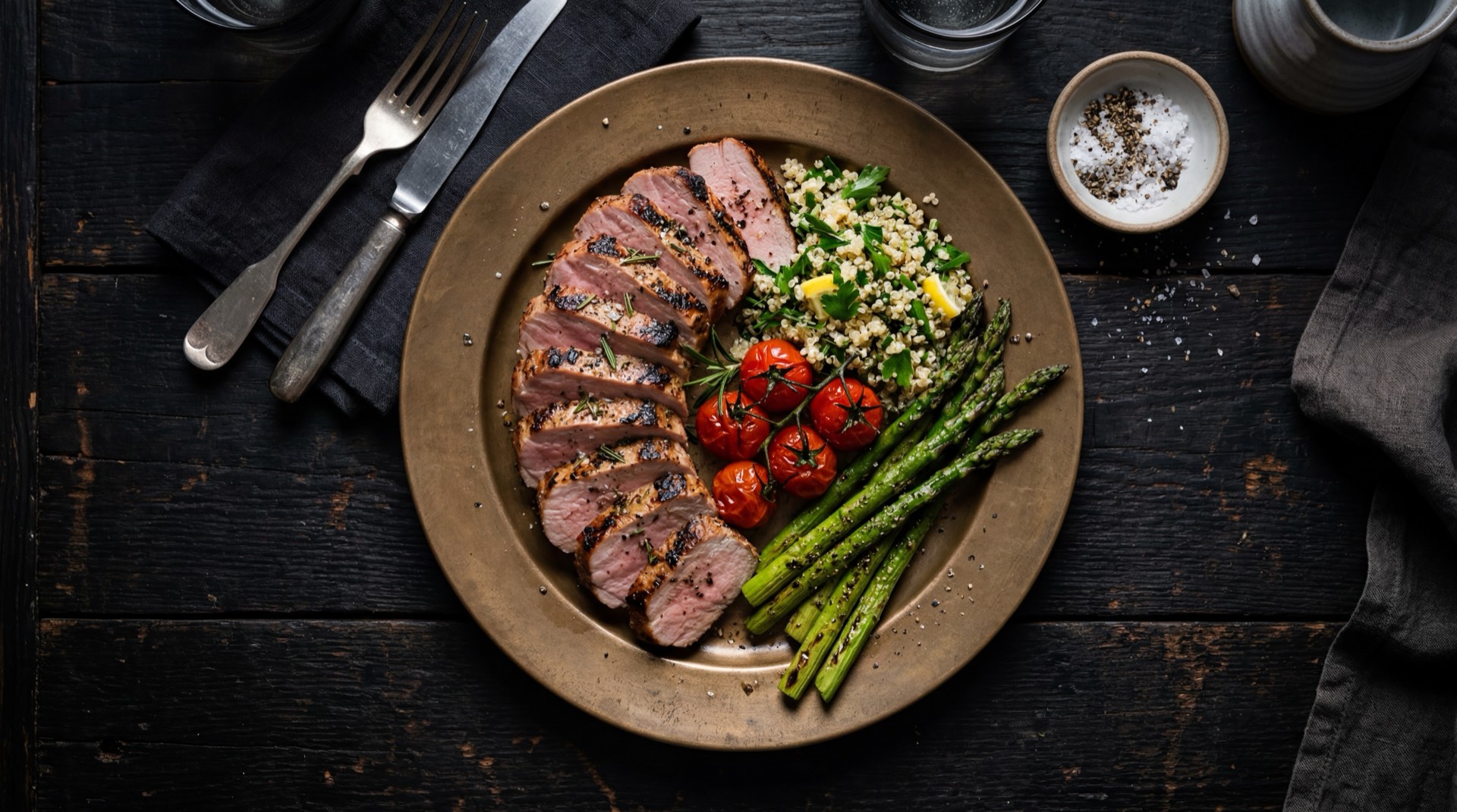 Lomo de cerdo magro a la plancha con hierbas frescas, version saludable baja en grasa sobre plato de ceramica oscura