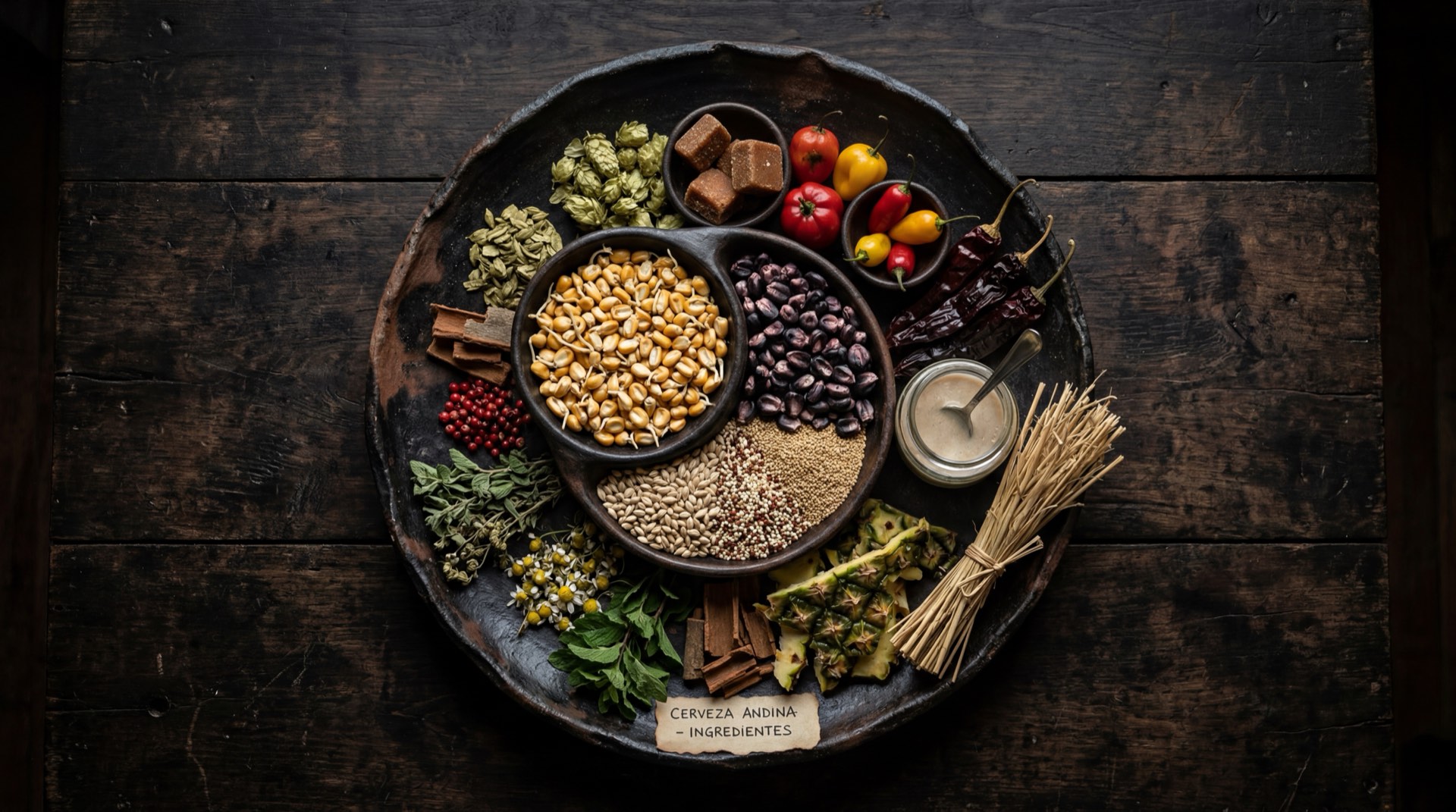 Ingredientes de la cerveza Andina: granos de cebada malteada, flores de lupulo secas, levadura cervecera y agua pura de manantial andino