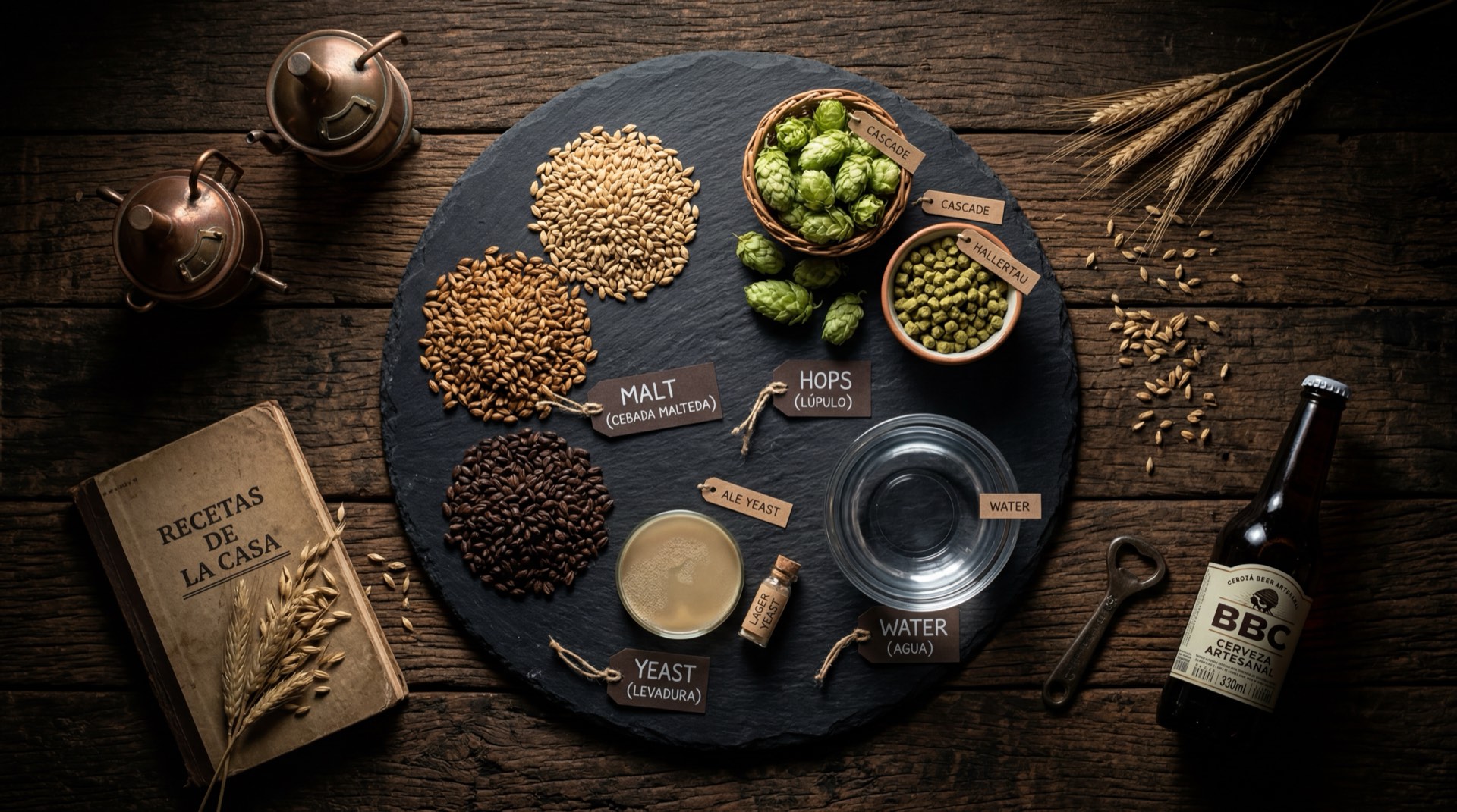 Ingredientes de la cerveza BBC artesanal: granos de cebada malteada tostada, flores de lupulo secas, miel de abejas dorada de Cajica, levadura cervecera ale y agua pura