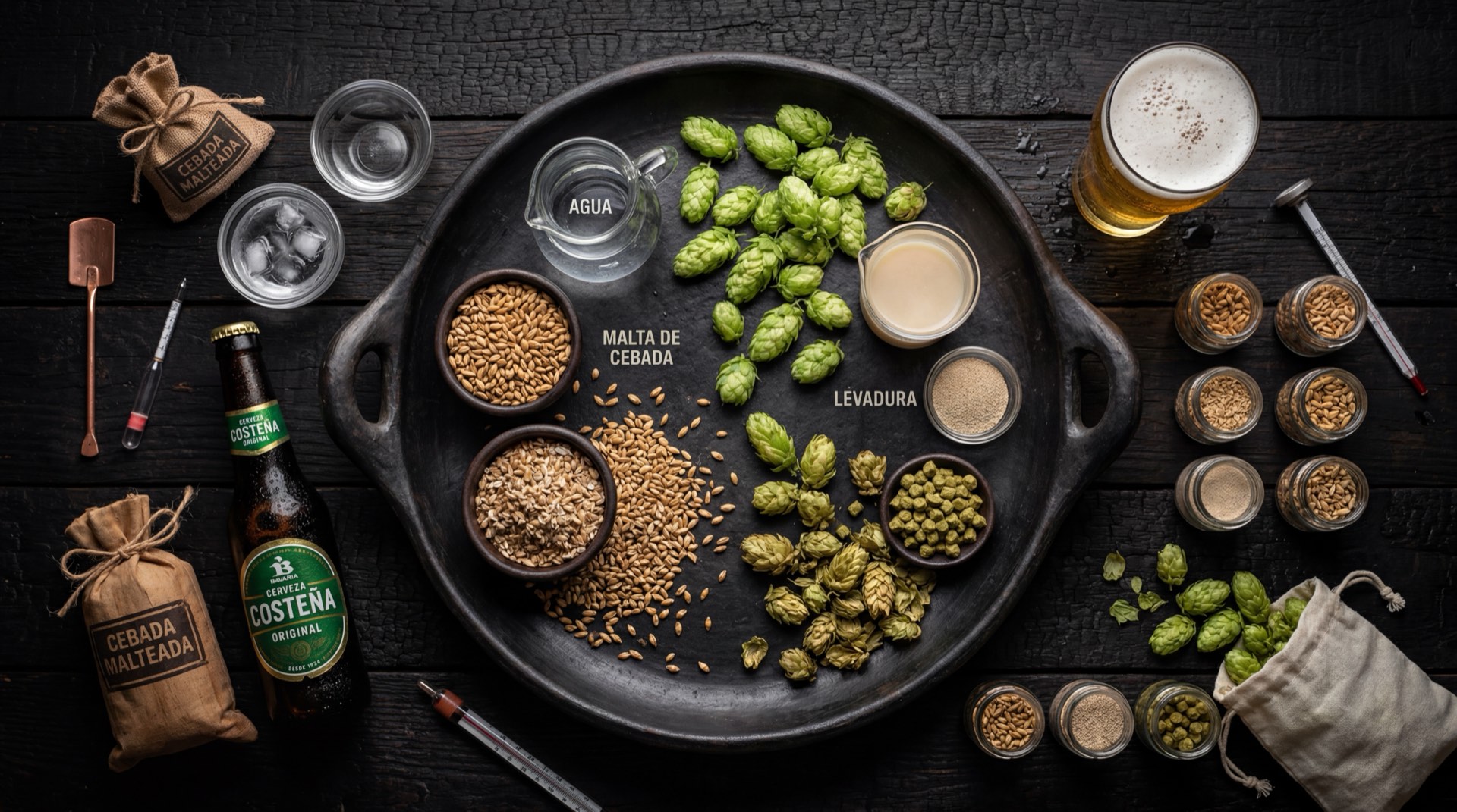 Ingredientes de la michelada costena colombiana: lata de cerveza Costena bien fria, limones verdes frescos cortados, sal gruesa para escarchar, salsa negra Worcestershire, cubos de hielo grandes