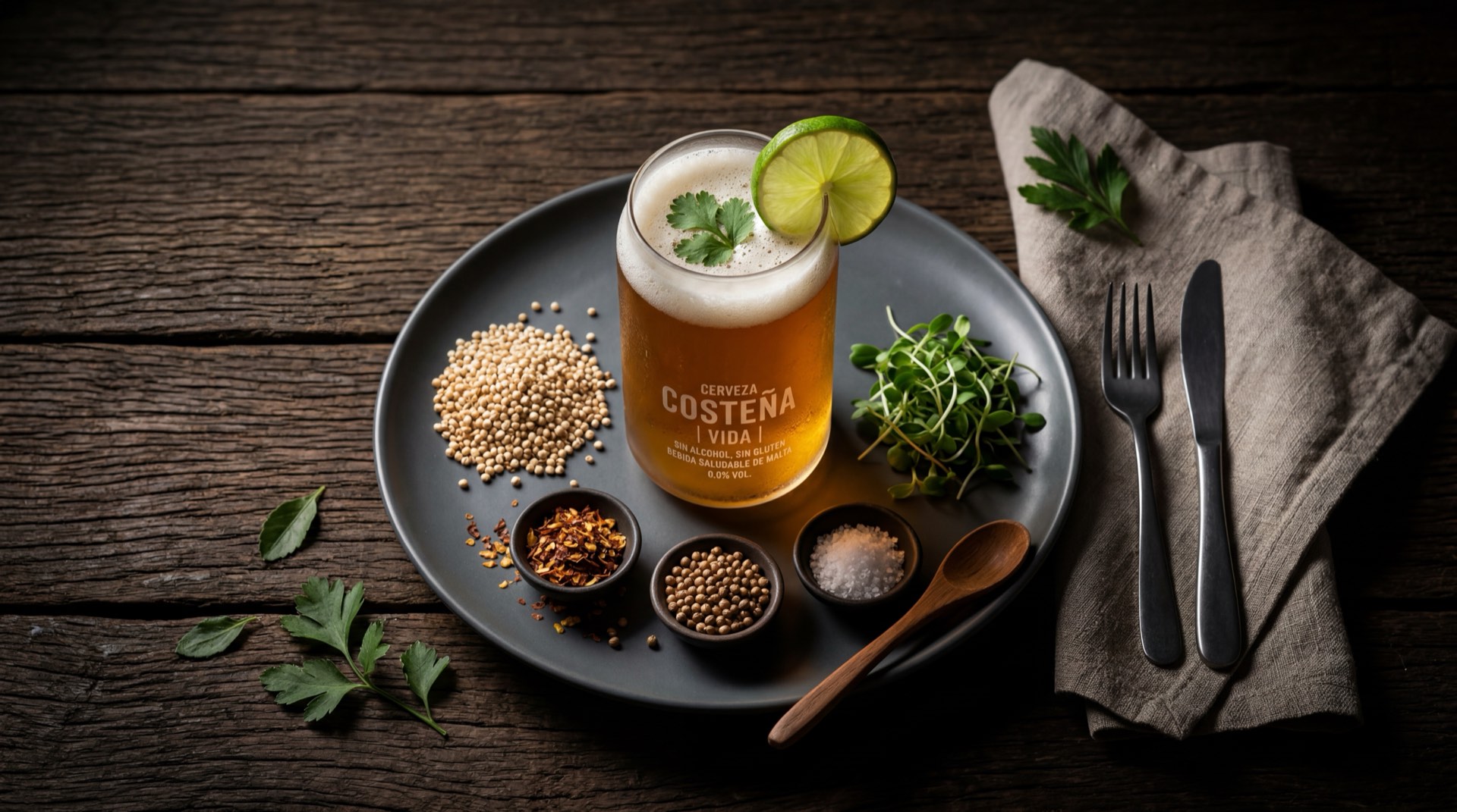 Alternativa saludable a la cerveza Costena: limonada natural con hielo y menta fresca sin azucar sobre mesa oscura