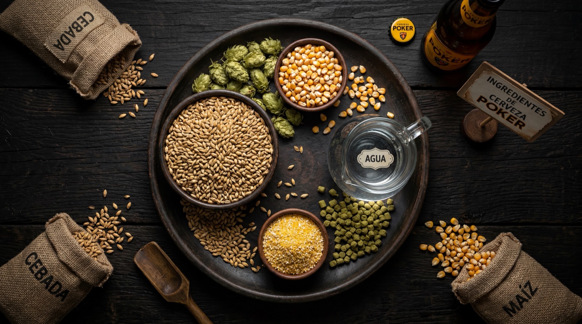 Lata de cerveza Poker amarilla junto a granos de malta tostada, flores de lupulo enteras y agua pura sobre tabla de roble quemado
