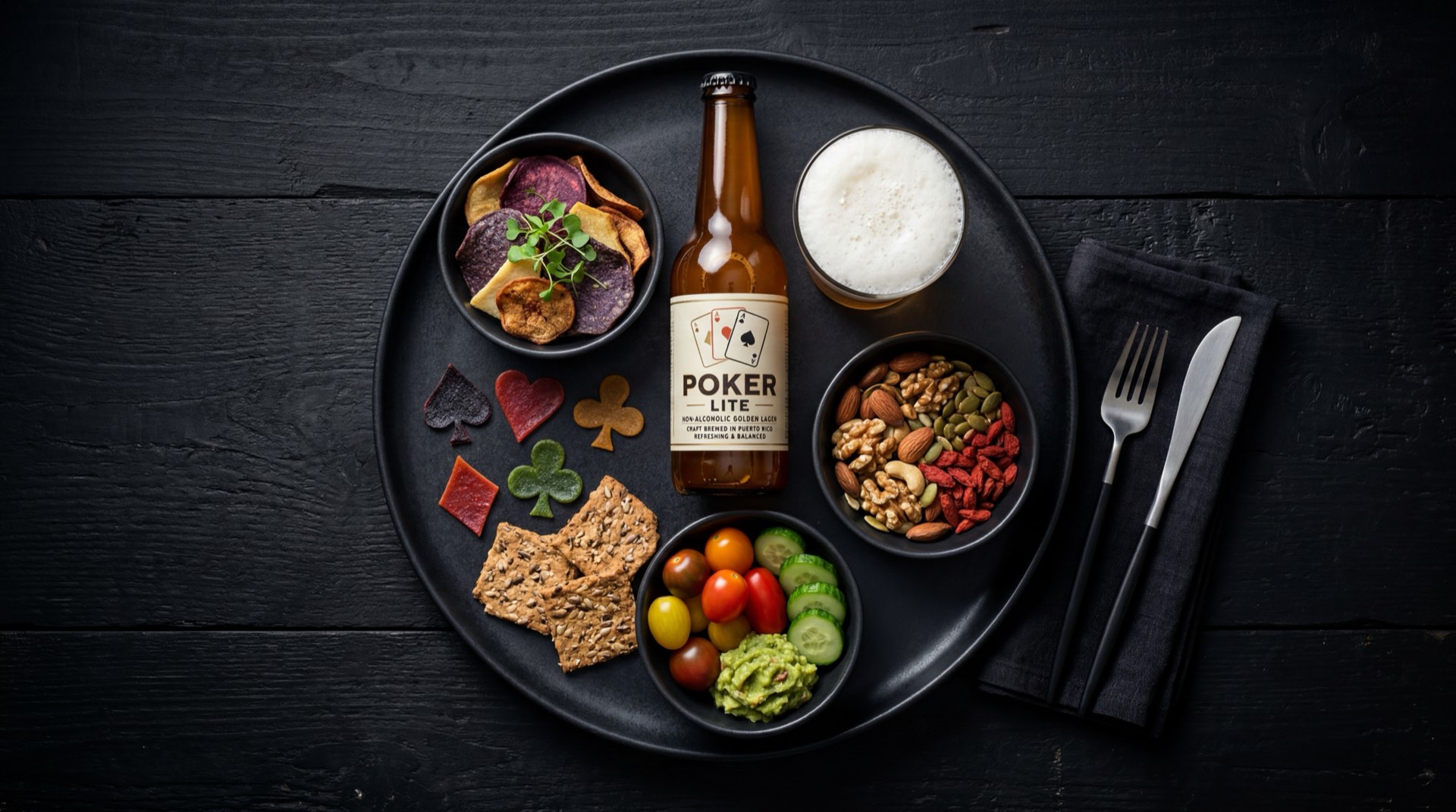 Cerveza Poker light en vaso de vidrio transparente con rodaja de limon verde fresco y poco espuma sobre plato de vidrio ahumado