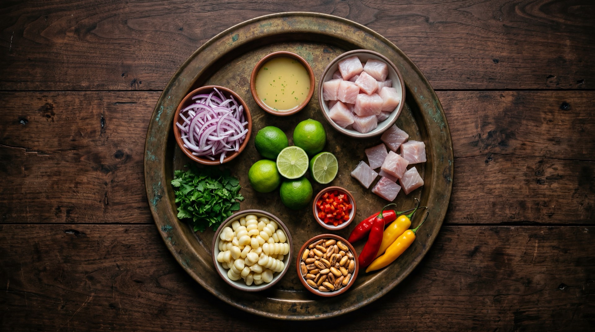 Ingredientes del ceviche peruano: filetes de pescado blanco fresco cortados, limones sutiles peruanos enteros, cebolla roja grande en juliana, ajies limo frescos enteros, cilantro fresco en manojo, camotes anaranjados cocidos, choclo tierno desgranado, ajo fresco, jengibre fresco y sal marina fina