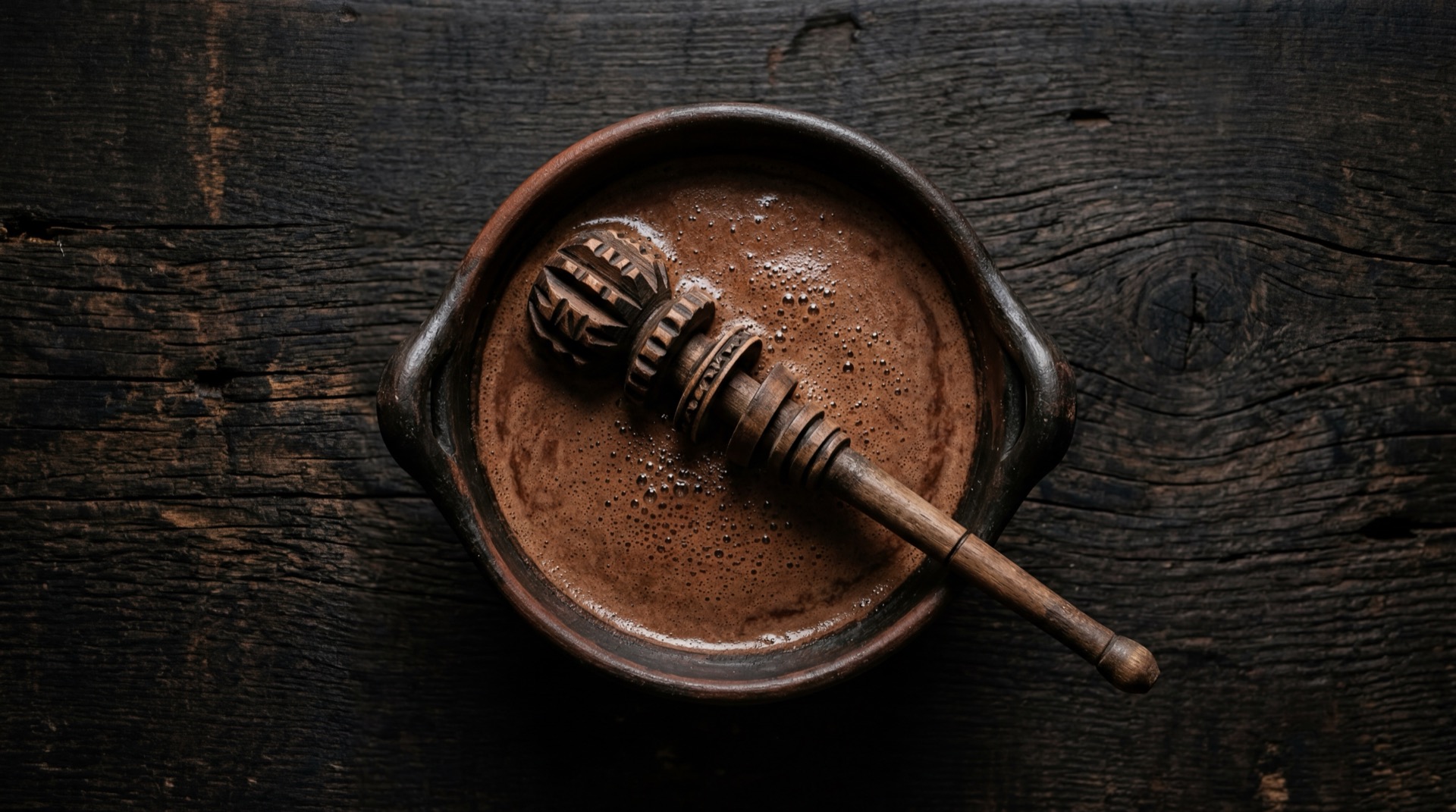 Champurrado mexicano tradicional servido en plato oscuro sobre mesa de marmol negro