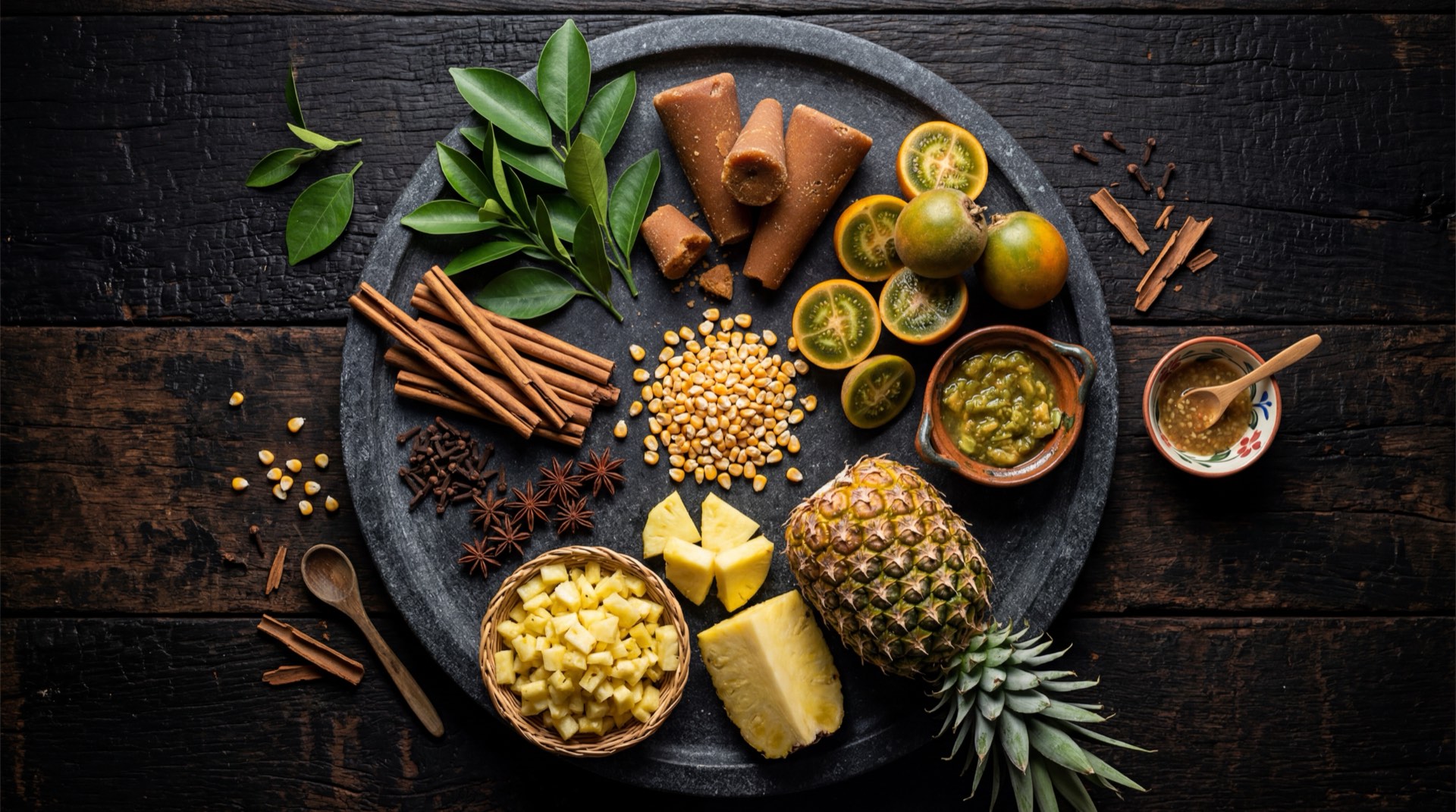 Ingredientes del champus: maiz trillado blanco, panela rallada, lulo fresco entero, pina fresca en cubos, canela en rama, clavos de olor enteros