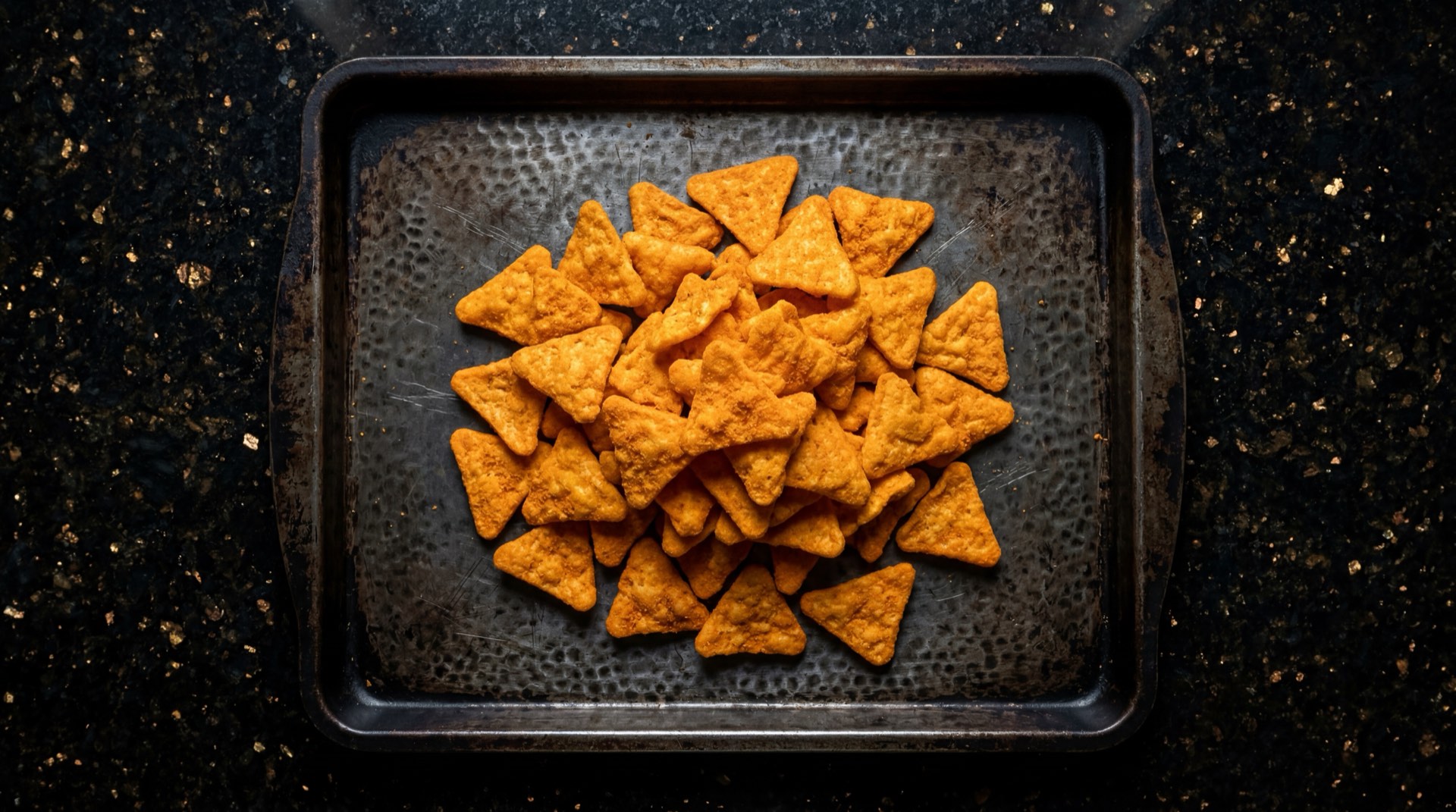 Cheese Tris de Frito Lay Colombia, snack de maiz inflado con sabor a queso en forma de triangulo sobre mesa de marmol oscuro