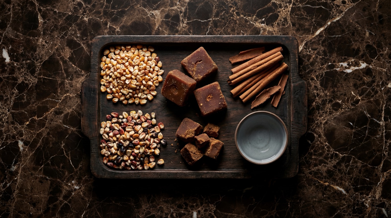 Ingredientes de la chicha: maiz, panela, canela y olla de barro