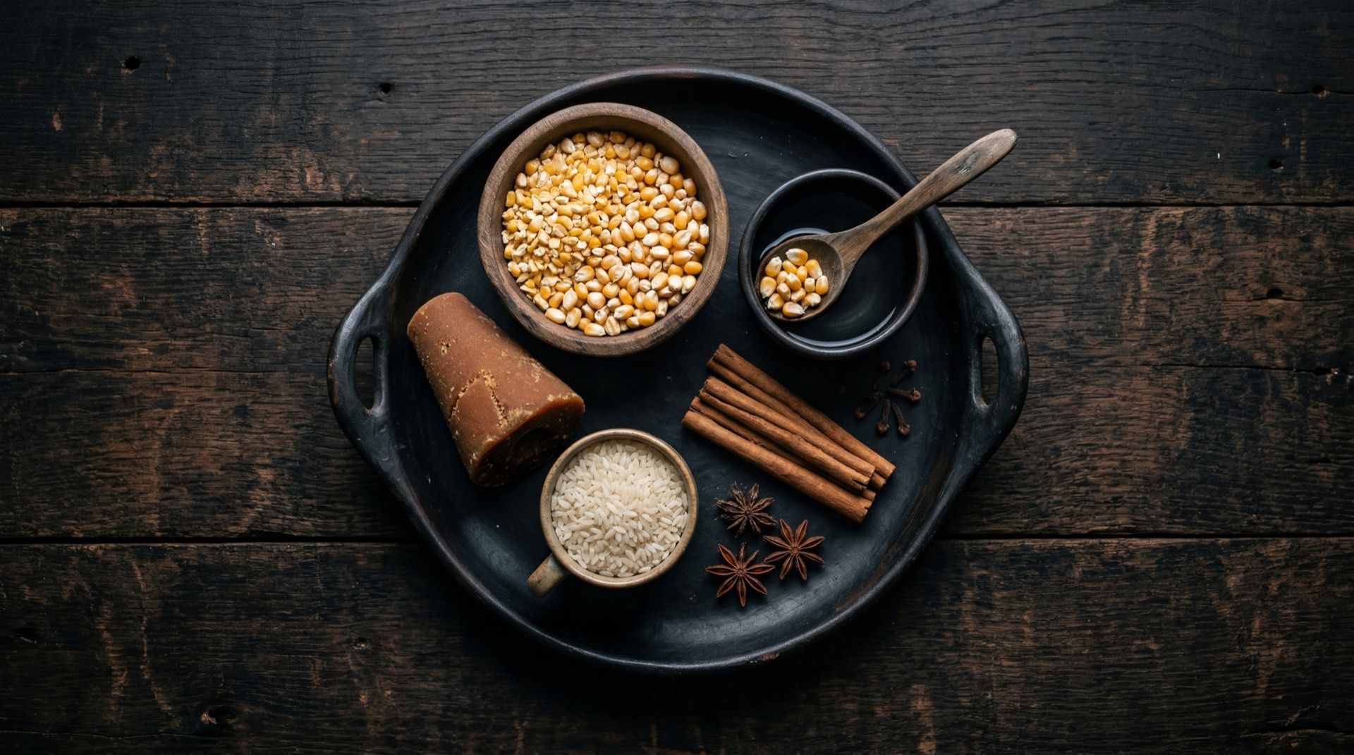 Ingredientes de la chicha de maiz: maiz amarillo seco, panela en bloque rallada, canela en rama, clavos de olor y cascara de pina madura