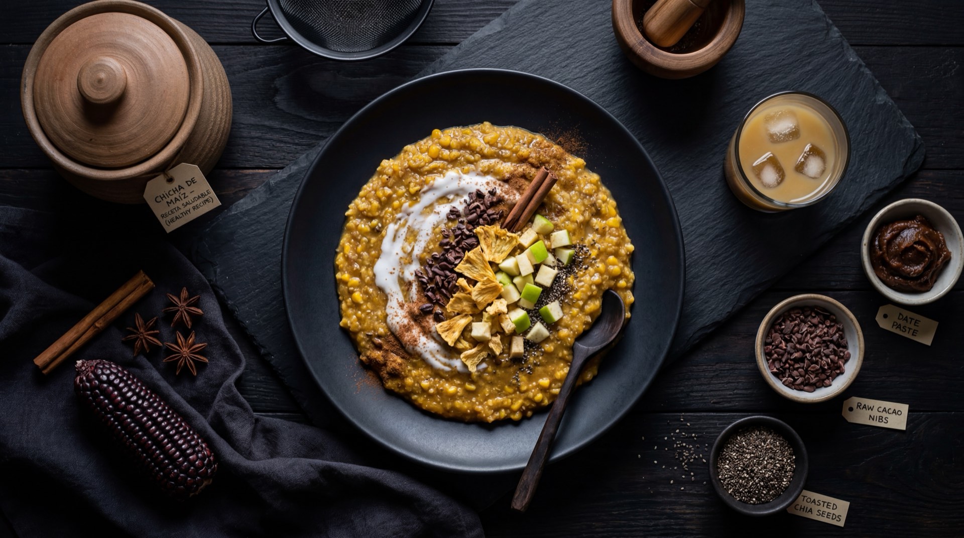 Chicha de maiz version ligera con menos panela y mas fermentacion, servida fria en vaso de vidrio