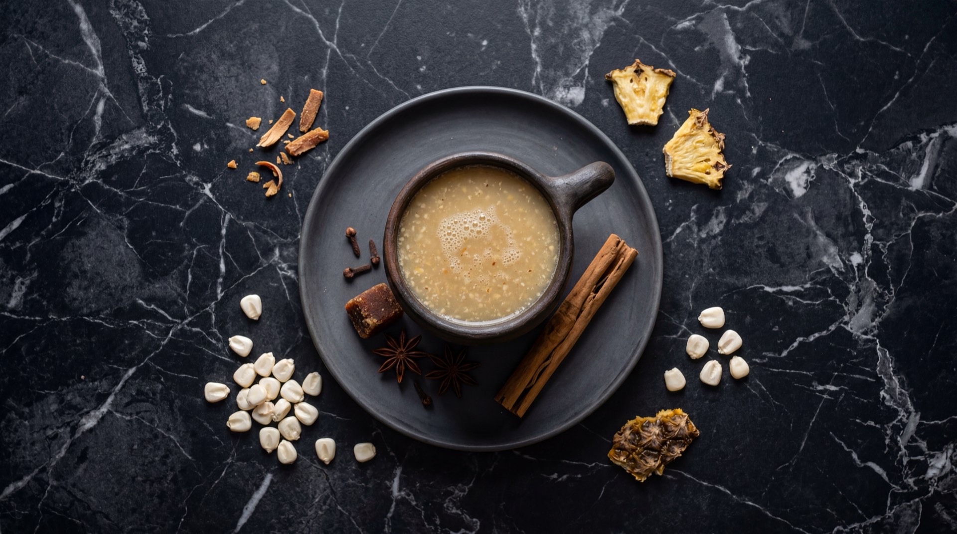 Chicha de maiz colombiana servida en totuma de calabazo, bebida fermentada precolombina de maiz amarillo con panela y canela en rama