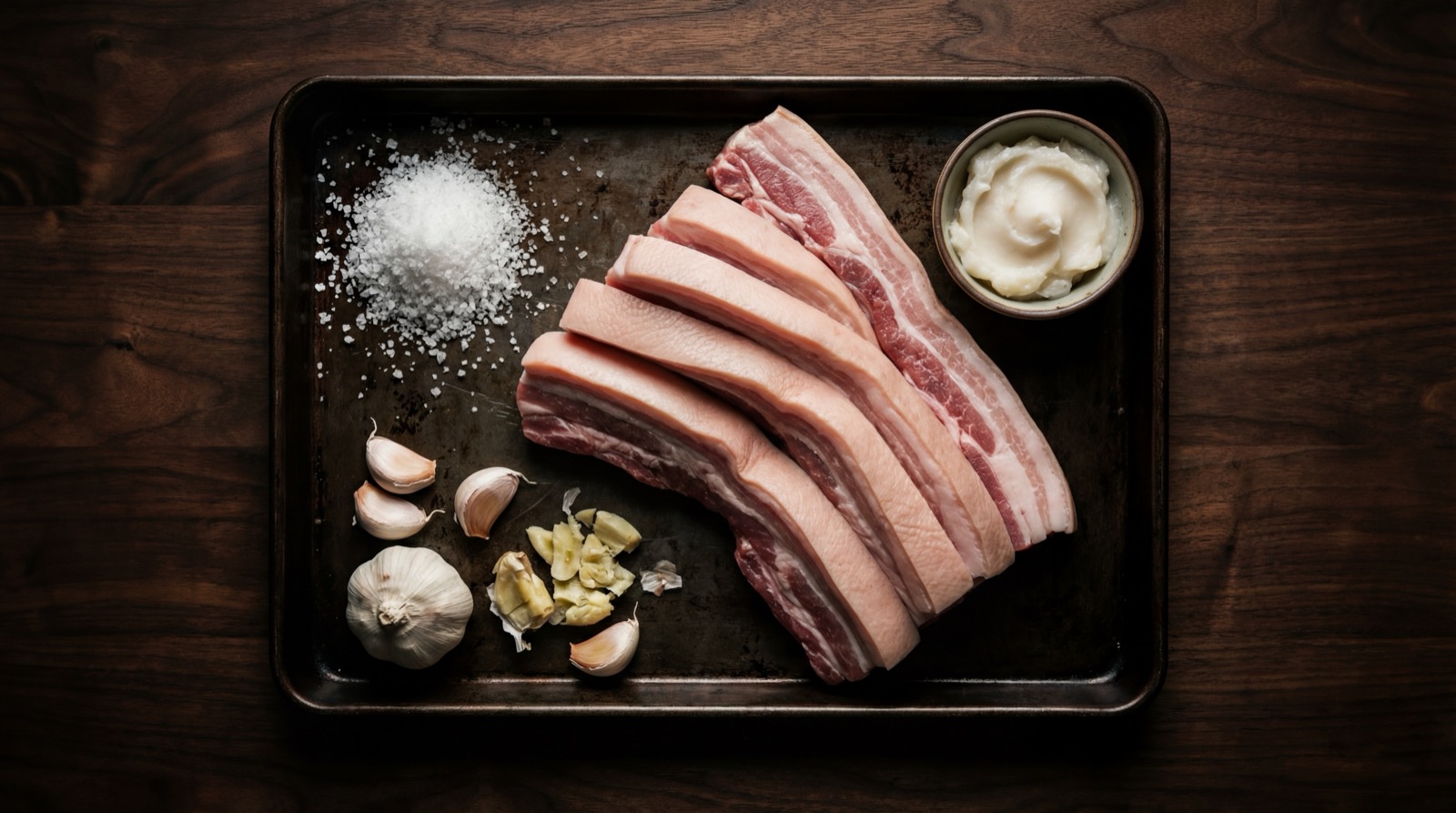 Ingredientes del chicharron colombiano: barriga de cerdo, sal, ajo y limon