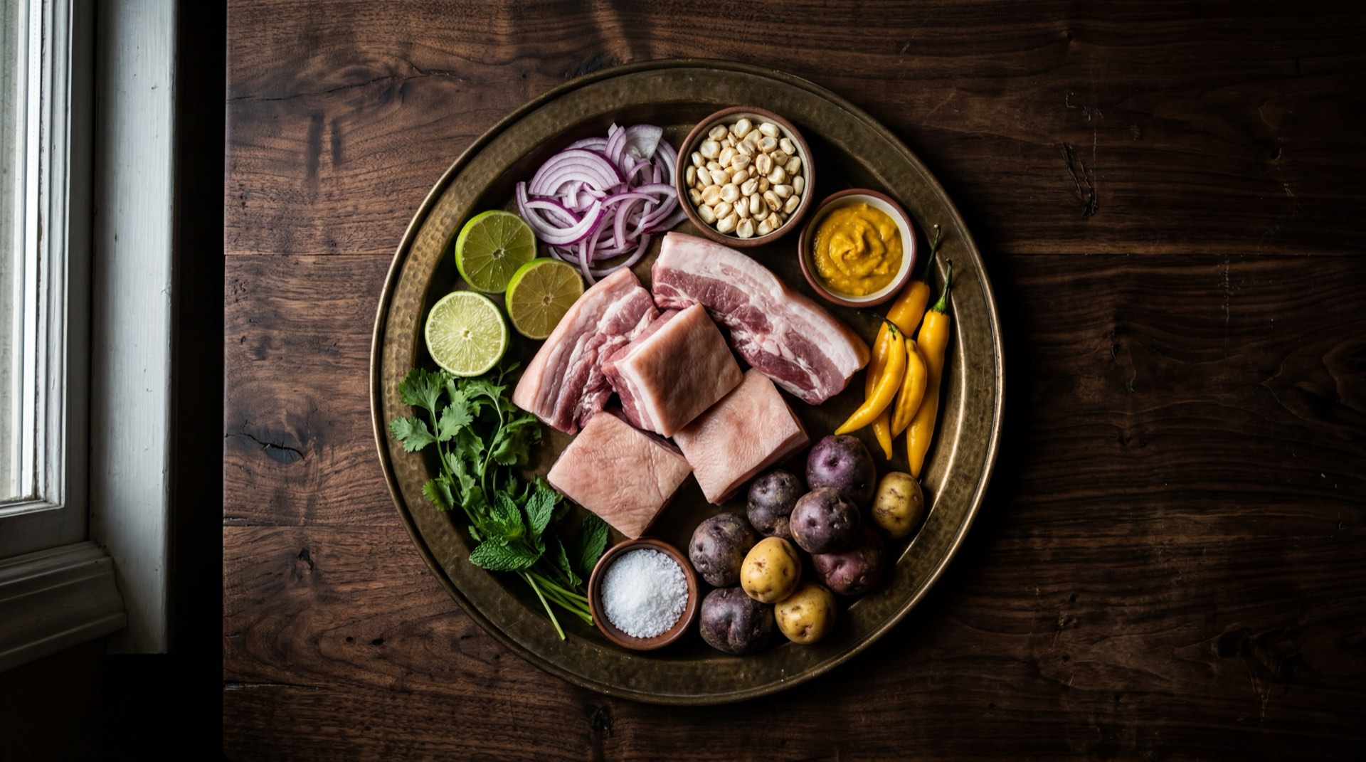 Ingredientes del chicharron peruano: panceta de cerdo con piel, costillas de cerdo, cabeza de ajo entero, rama de canela entera, camote naranja pelado, cebollas rojas grandes, ajies limo frescos, limones verdes peruanos y culantro fresco