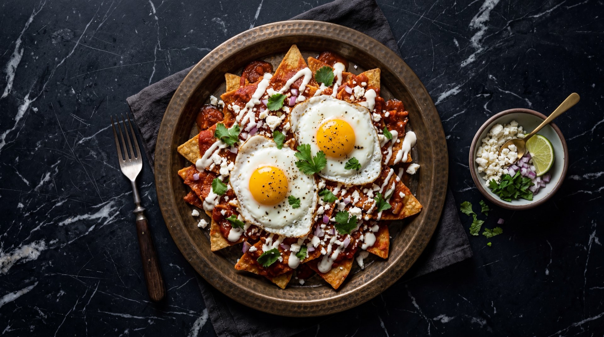 Ingredientes de los chilaquiles mexicanos: tortillas de maiz cortadas en triangulos, chiles guajillo secos desvenados, tomates rojos maduros, crema agria mexicana, queso fresco desmoronado, huevos frescos grandes, cebolla blanca, cilantro fresco y aceite vegetal