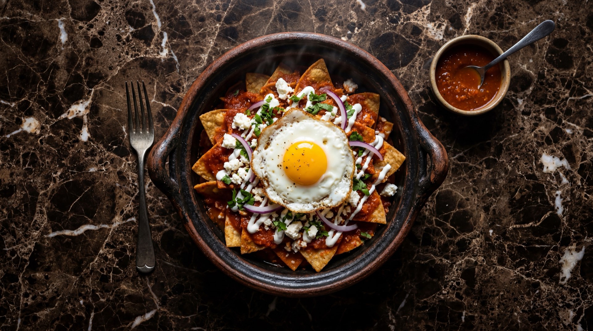 Chilaquiles rojos mexicanos con crema agria, queso fresco desmoronado y huevo estrellado en plato de ceramica negra mate sobre mesa de marmol negro con vetas doradas