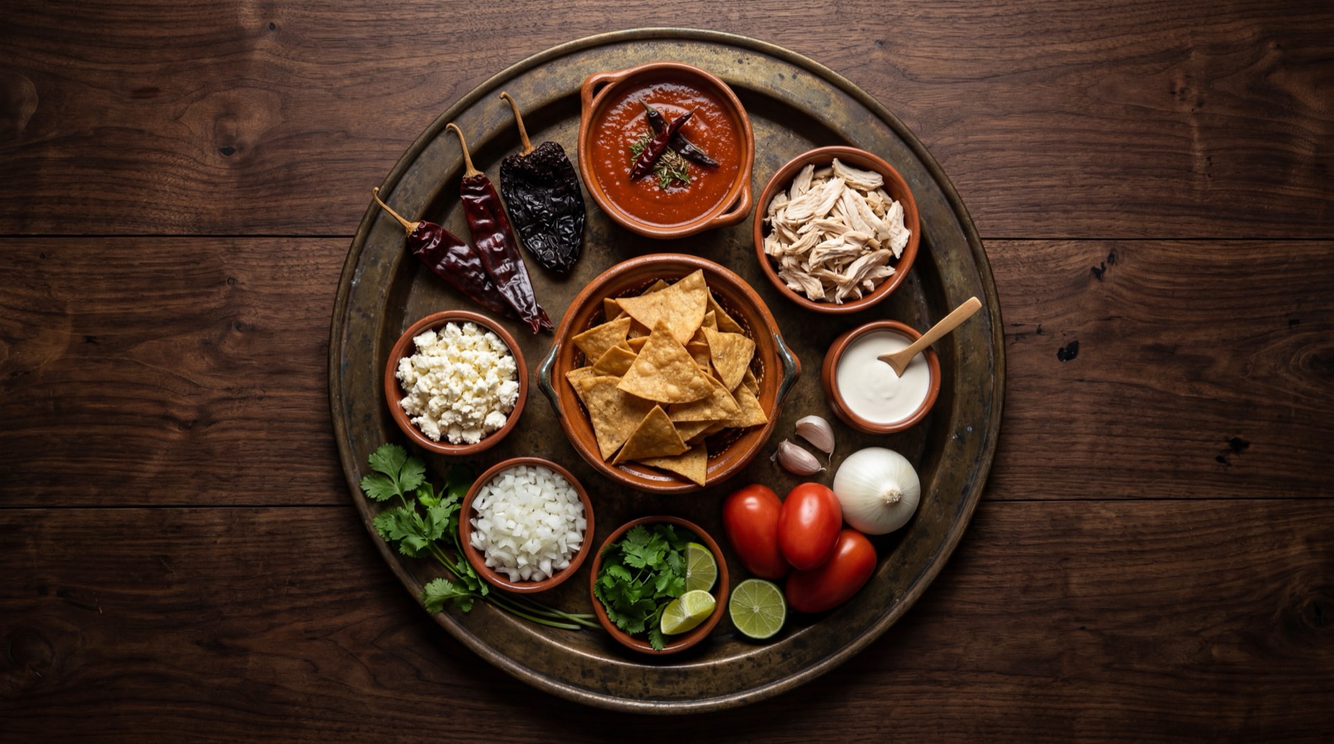Ingredientes de los chilaquiles rojos mexicanos: tortillas de maiz del dia anterior en triangulos, chiles guajillo secos desvenados, jitomates rojos maduros, cebolla blanca entera, dientes de ajo pelados, huevos frescos grandes, crema acida mexicana, queso fresco desmenuzado y aceite vegetal