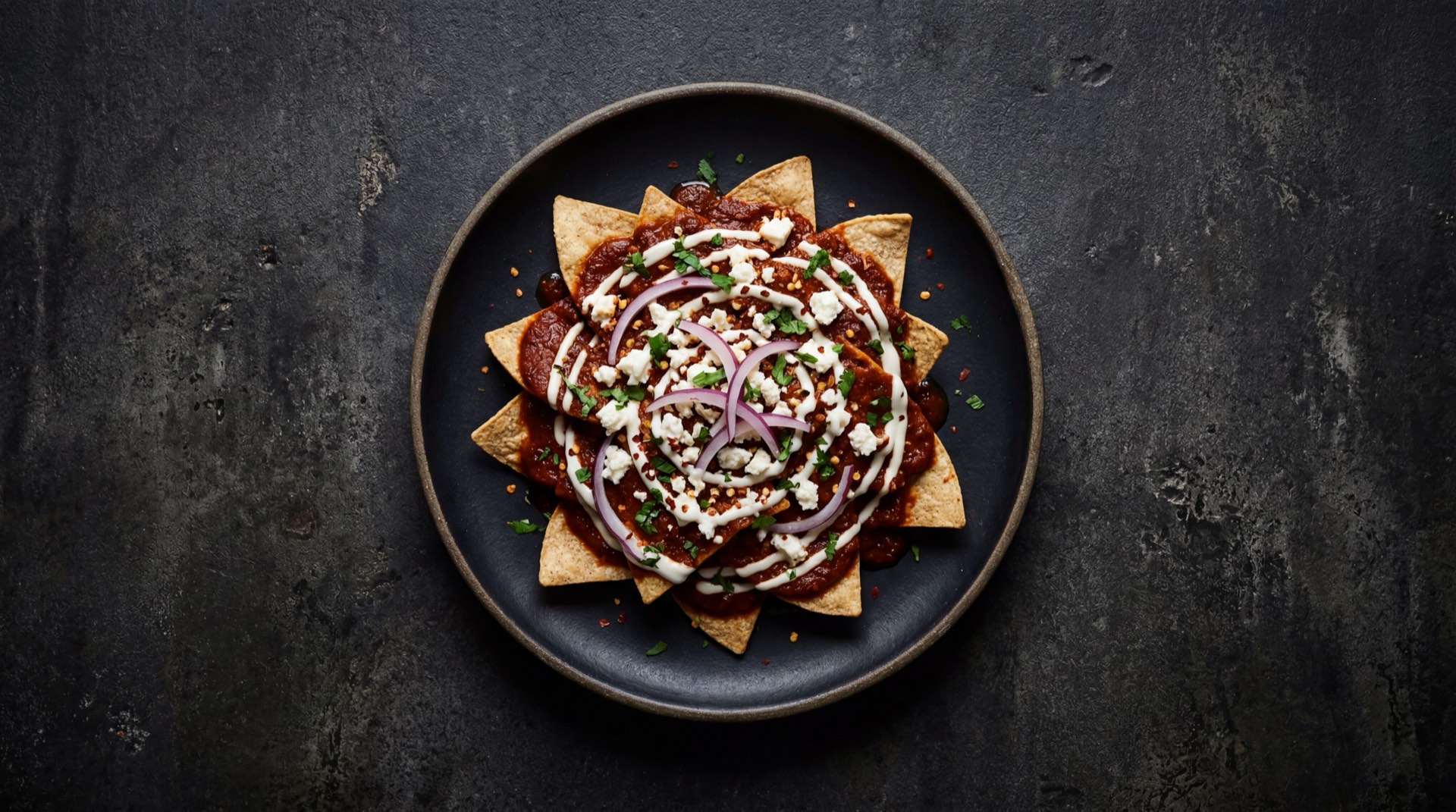 Chilaquiles rojos version saludable con totopos horneados sin freir, sin crema acida, con huevo pochado y mas verduras sobre plato oscuro
