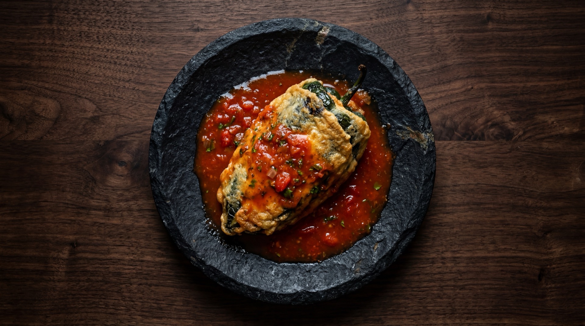 Chile relleno de queso capeado banado en salsa de jitomate rojo sobre plato de obsidiana negra sobre mesa de granito negro con destellos dorados