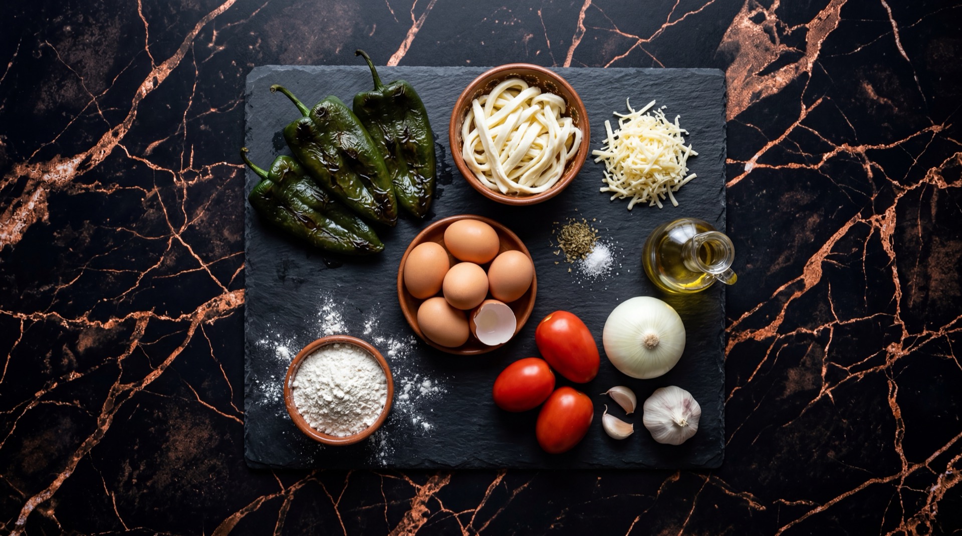 Ingredientes para chiles rellenos: chiles poblanos frescos verdes oscuros, queso Oaxaca deshebrado blanco, huevos frescos grandes, harina de trigo, tomates rojos maduros, cebolla blanca, dientes de ajo enteros, sal gruesa de mar y aceite vegetal