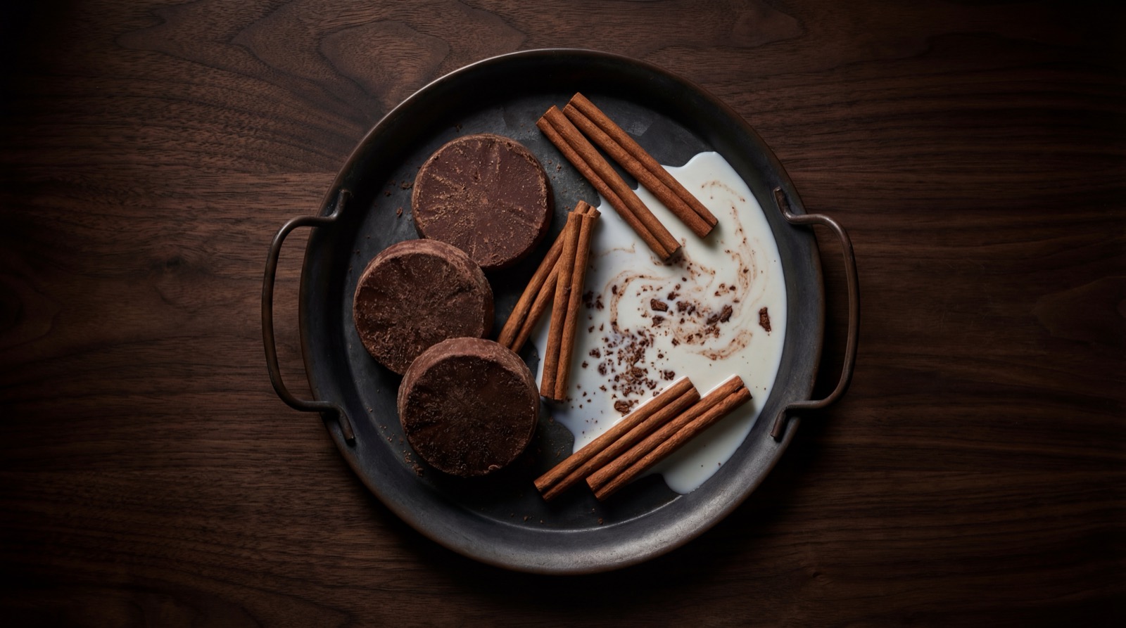 Ingredientes del chocolate caliente: pastilla de chocolate de mesa, leche y molinillo