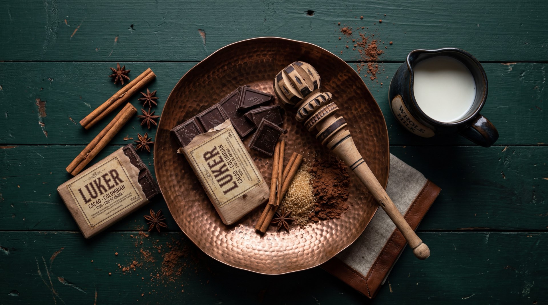 Pastilla de Chocolate Luker partida mostrando el cacao solido oscuro, junto a rama de canela entera, clavos de olor enteros, leche entera fresca y queso campesino colombiano