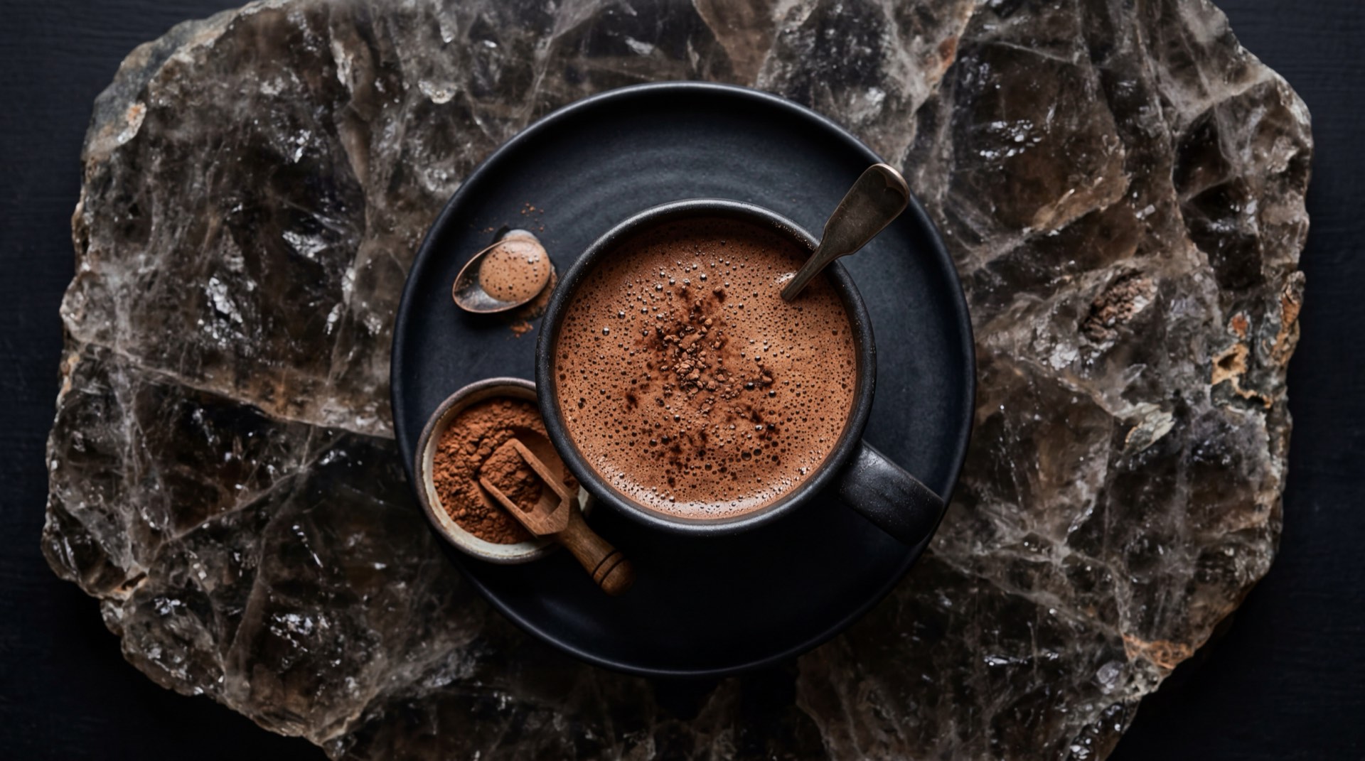 Alternativa saludable: chocolate caliente preparado con pastilla de Chocolate Luker sin azucar y leche de almendras sin endulzar en taza de ceramica oscura
