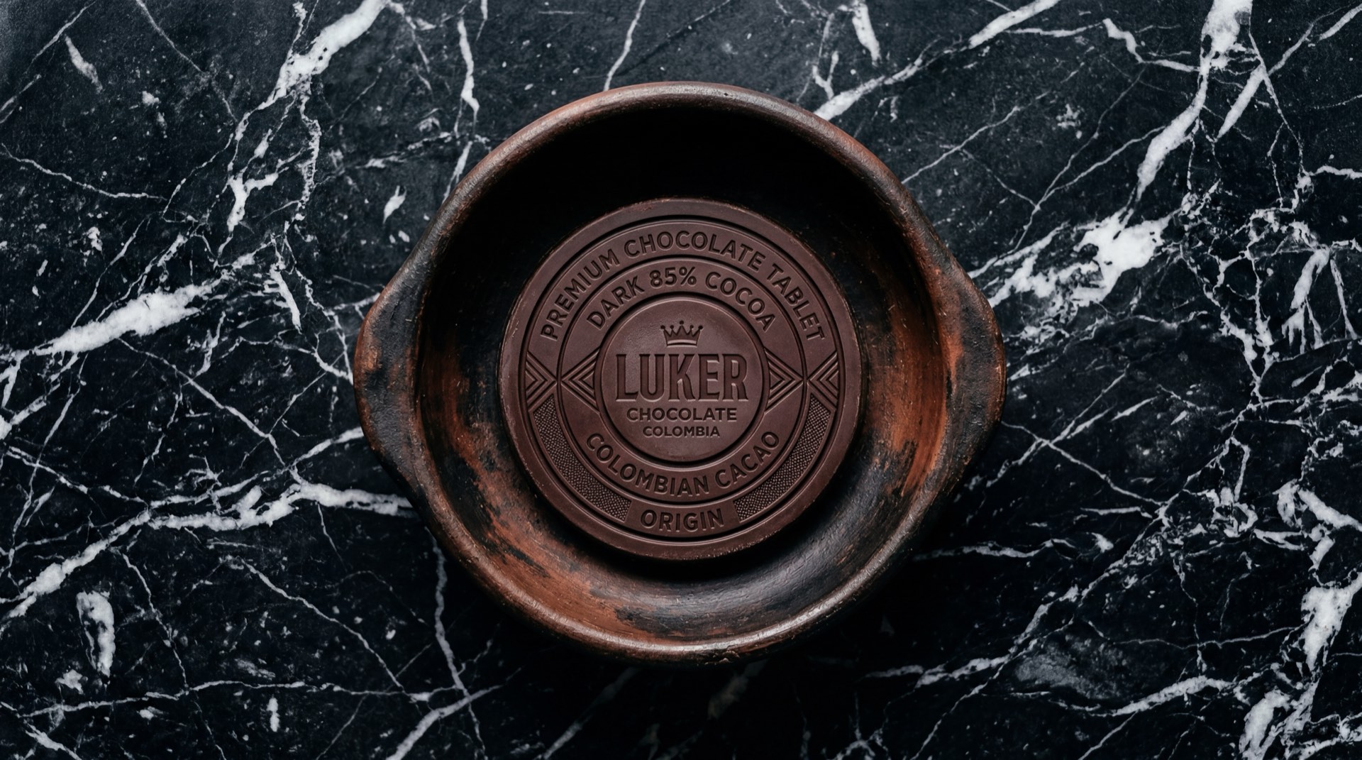 Pastilla de Chocolate Luker con empaque rojo sobre mesa de marmol oscuro, chocolate de mesa premium colombiano de CasaLuker