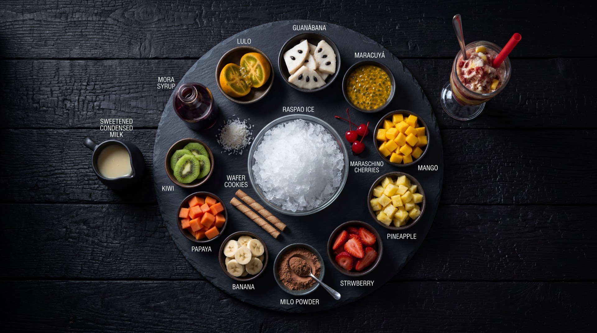 Ingredientes del cholado caleno: hielo raspado, banano maduro en rodajas, fresas frescas, kiwi, mango, papaya, crema de leche, leche condensada, siropes de colores, galleta de barquillo