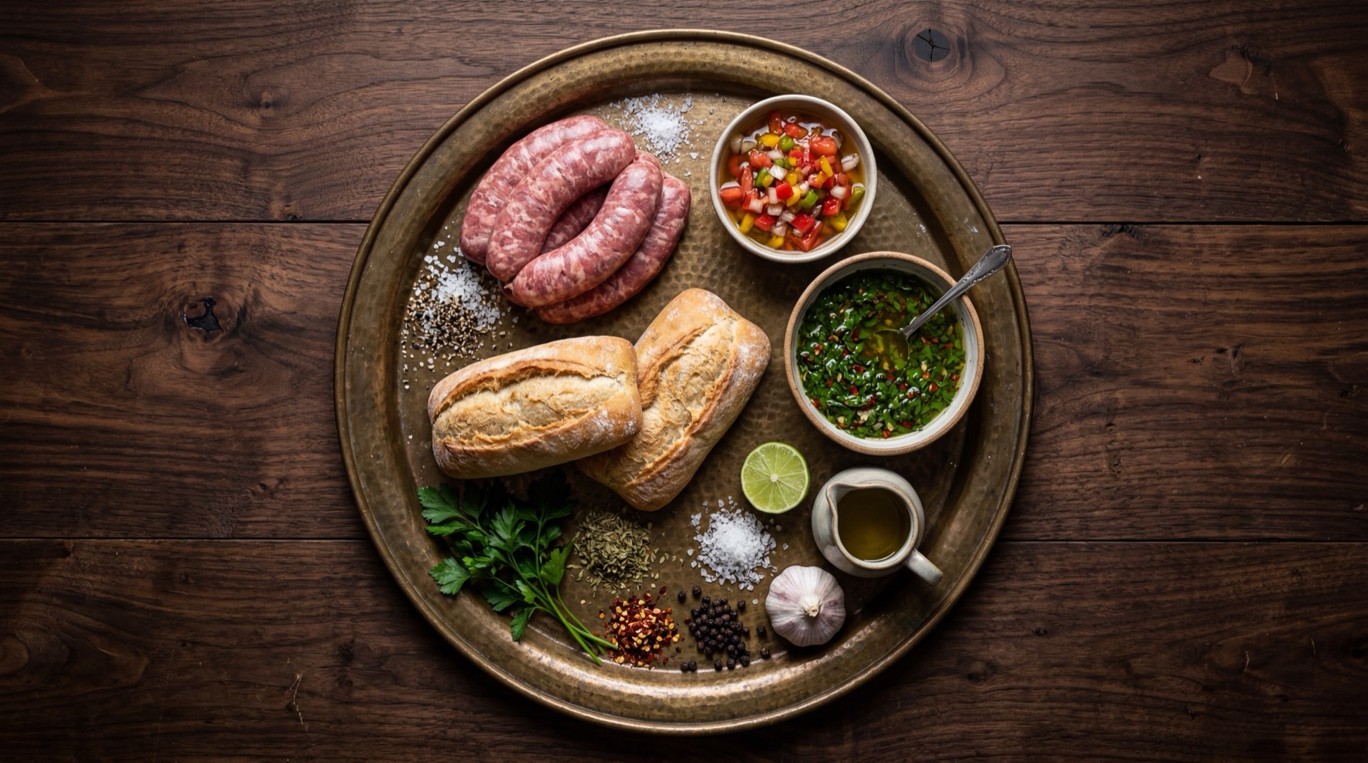 Ingredientes del choripan argentino: chorizos criollos argentinos frescos, pan frances crujiente, chimichurri casero con perejil fresco picado, ajo fresco picado, oregano seco, aceite de oliva extra virgen y vinagre de vino tinto