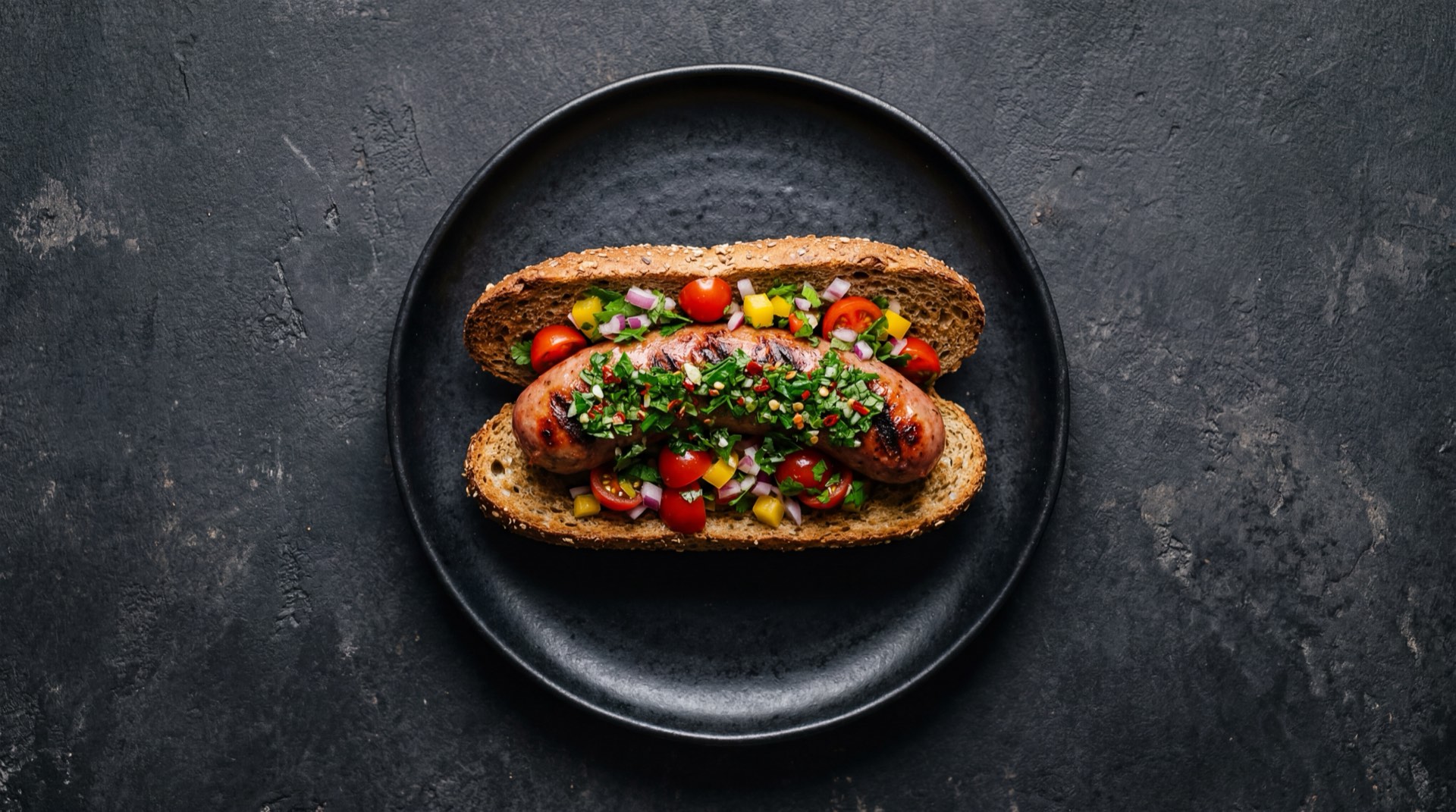 Version saludable del choripan argentino con chorizo de pollo a la parrilla en pan integral con ensalada verde fresca