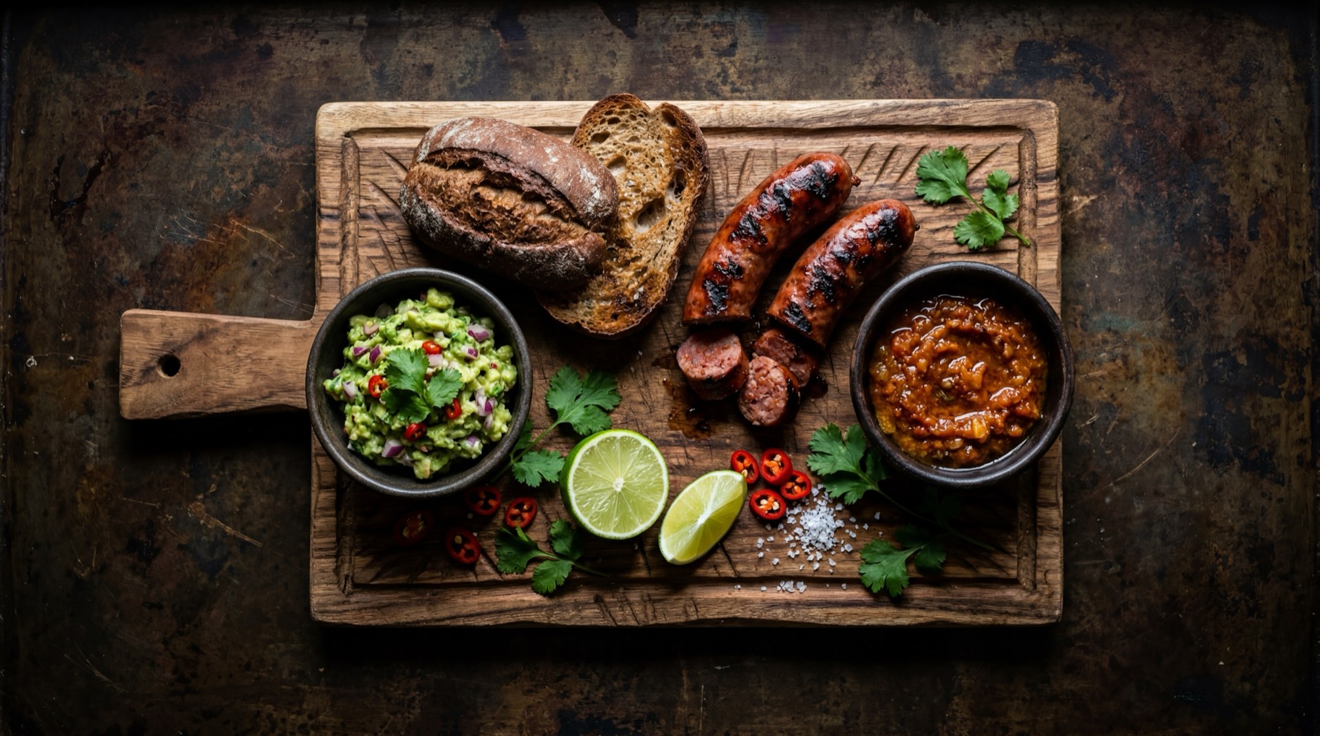 Ingredientes del Chorizo Zenu: carne de cerdo molida fresca, cebolla larga fresca picada, dientes de ajo fresco pelados, comino molido en cuenco, pimenton rojo en polvo, achiote en semillas y sal marina gruesa sobre tabla de madera de acacia