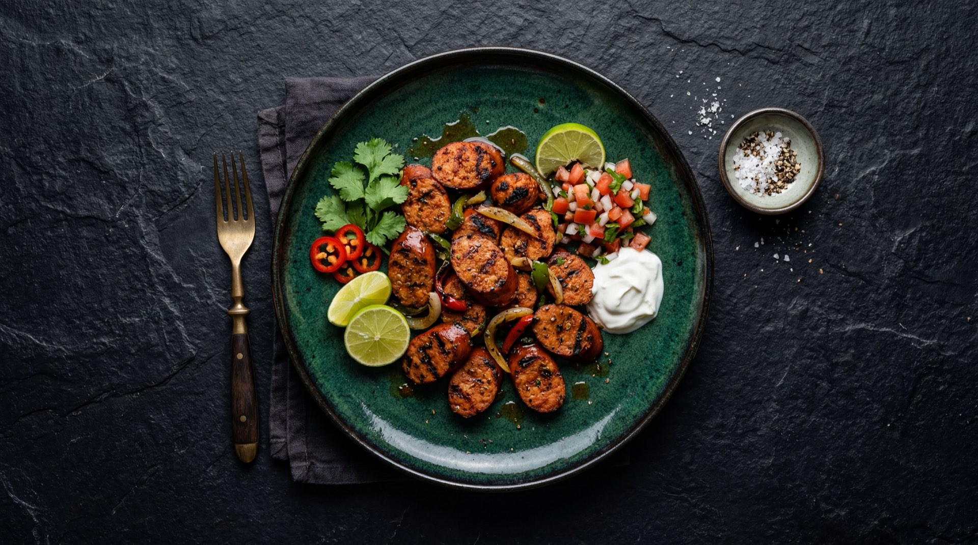 Alternativa saludable al chorizo: pechuga de pollo a la plancha cortada en rodajas con especias colombianas sobre plato de ceramica mate negro y mesa de marmol oscuro
