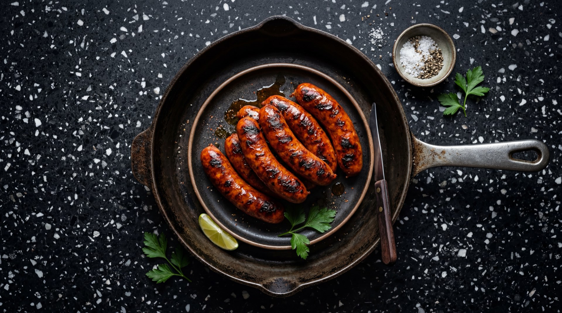 Chorizo Zenu asado a la parrilla con marcas de grill sobre plato de hierro fundido y mesa de granito negro con vetas doradas