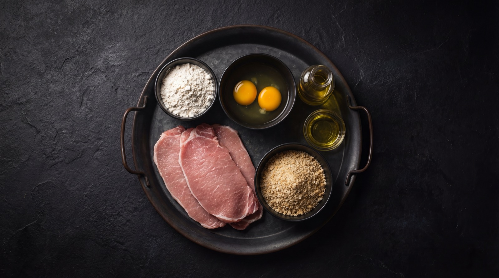 Ingredientes de la chuleta valluna: filete de cerdo, huevo, harina, arroz y papas