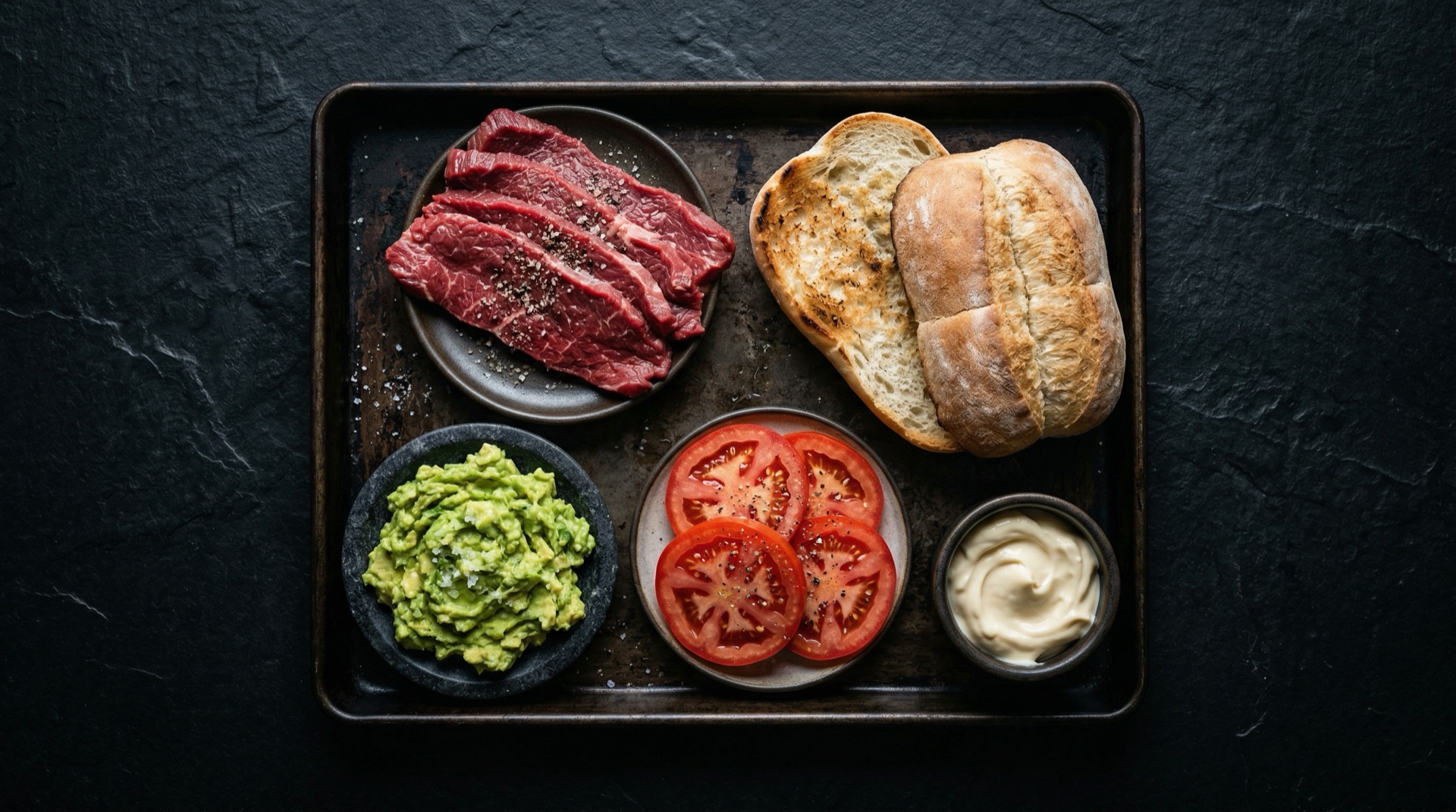 Ingredientes del churrasco italiano: carne, marraqueta, palta, tomate y mayo