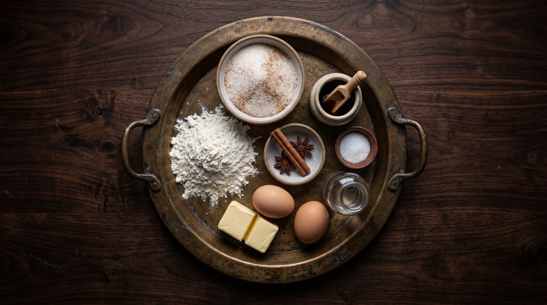 Ingredientes de los churros mexicanos: harina de trigo para todo uso, mantequilla sin sal en cubos, huevos frescos grandes, azucar blanca refinada, canela molida en polvo, extracto puro de vainilla natural y aceite vegetal