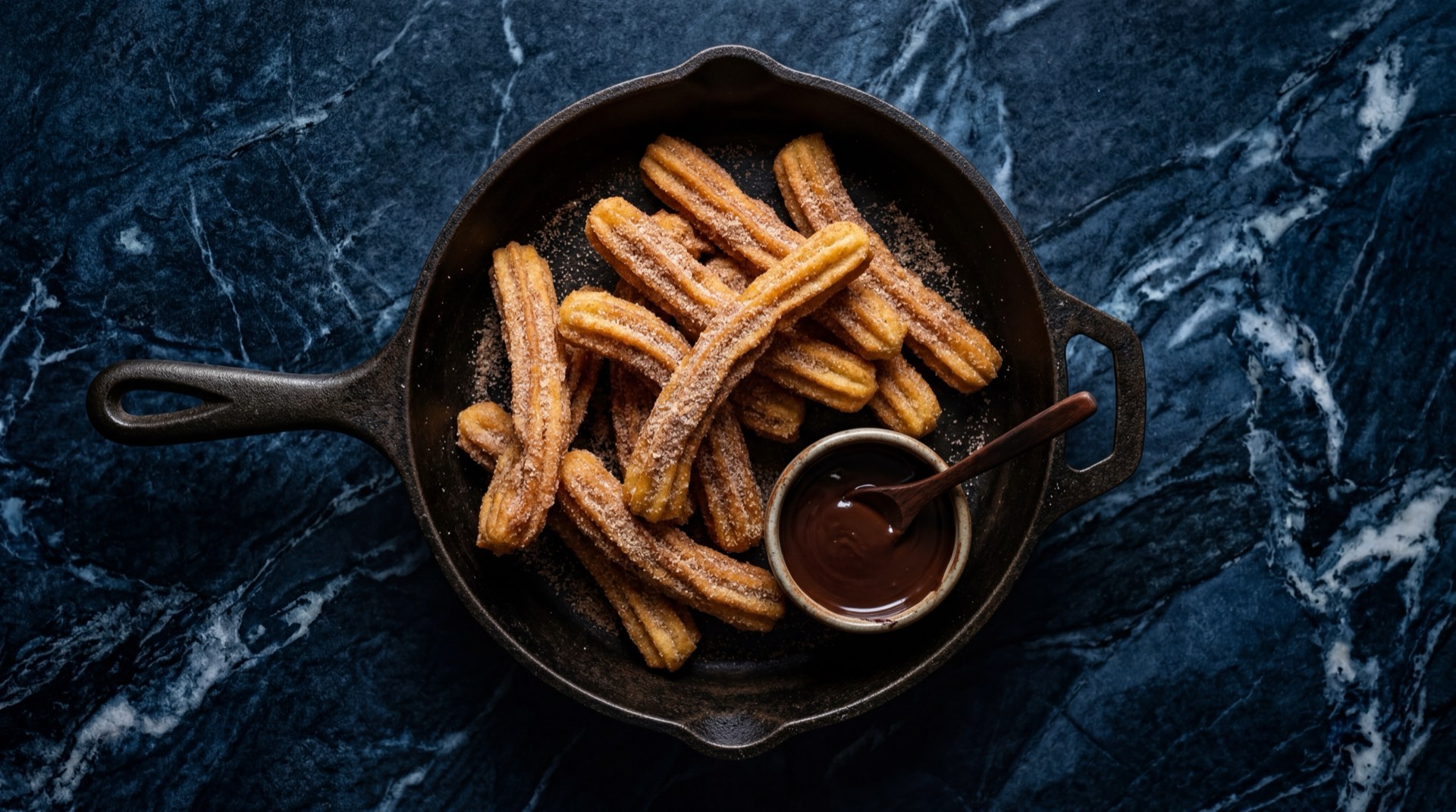 Churros mexicanos dorados espolvoreados con azucar blanca y canela molida en bandeja de hierro forjado negro sobre mesa de granito negro con vetas doradas