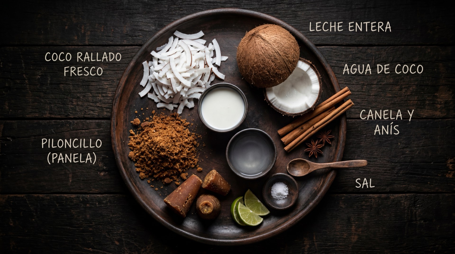 Ingredientes para cocada costena: coco rallado fresco, azucar blanca, leche de coco fresca, esencia de vainilla y canela en polvo
