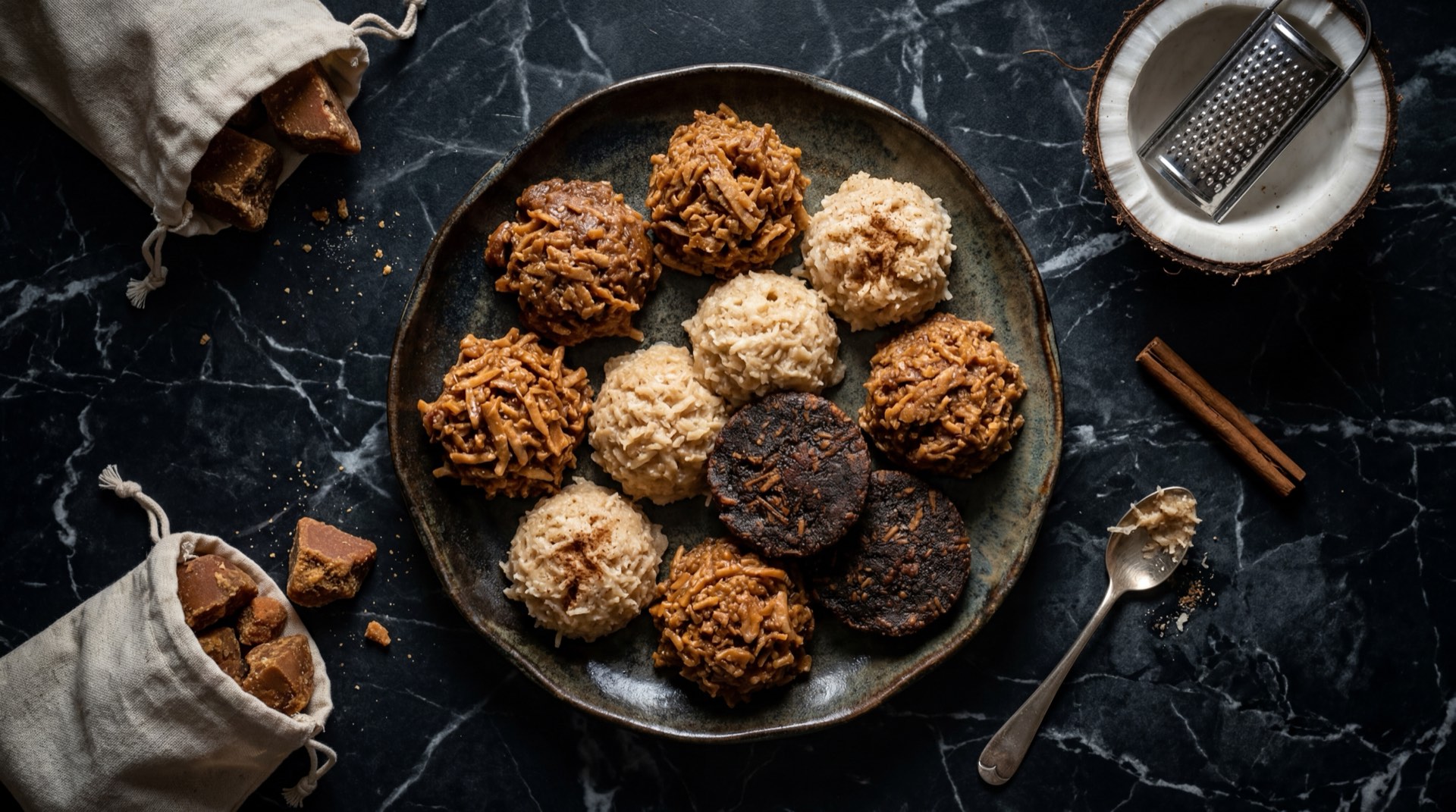 Cocadas costenas colombianas de coco rallado fresco con azucar sobre papel encerado