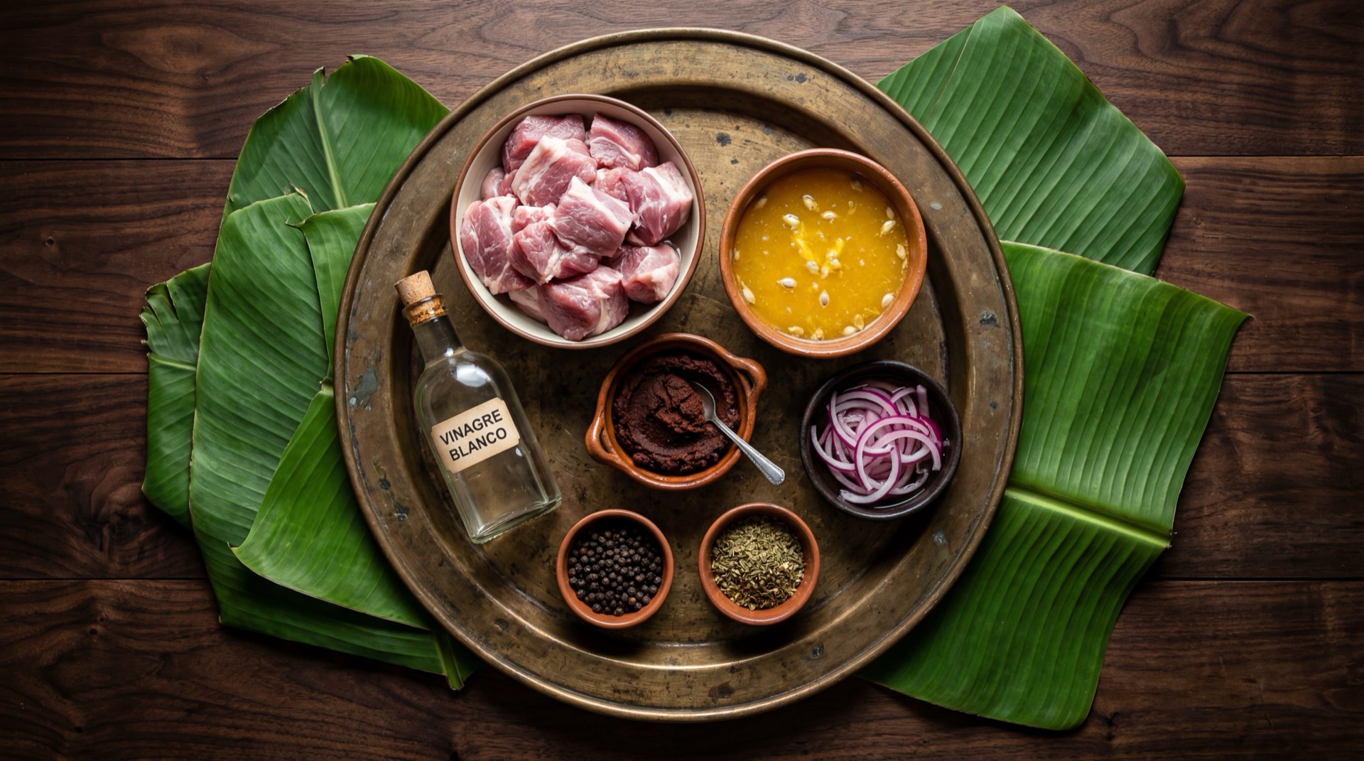 Ingredientes de la cochinita pibil yucateca: pierna de cerdo fresca, pasta de achiote recado rojo, naranja agria entera, dientes de ajo asados, oregano yucateco seco, hojas de platano frescas, cebolla morada grande y chile habanero