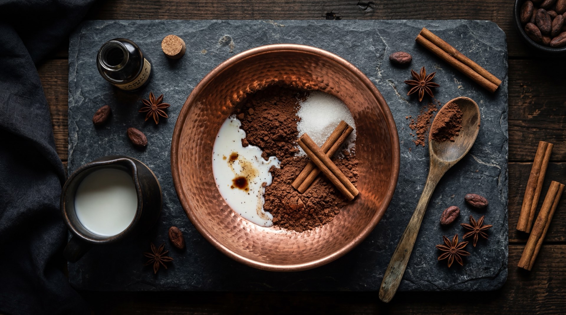 Ingredientes para chocolate caliente colombiano: polvo de Cocoa Corona, leche entera fresca, azucar blanca refinada, canela en rama y sal