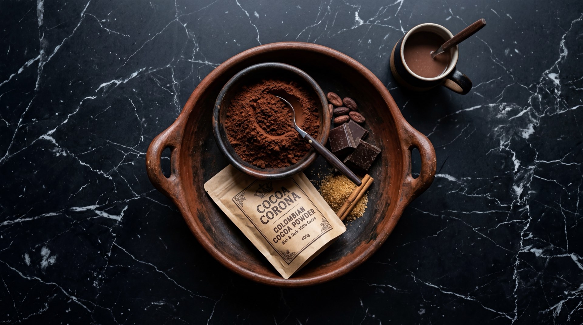 Cocoa Corona de Nacional de Chocolates, polvo de cacao colombiano en bolsa sobre mesa de marmol oscuro