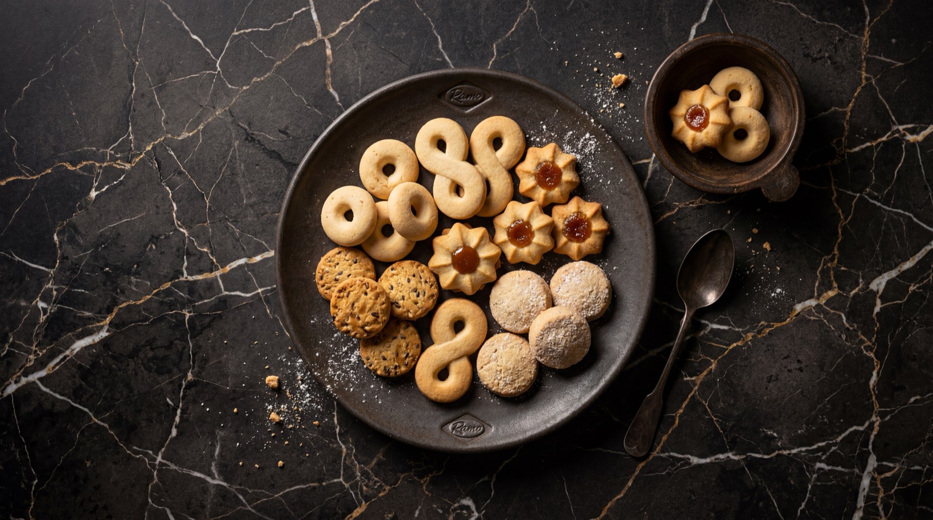 Colaciones Ramo colombianas, galletas redondas cubiertas de azucar blanca en plato de ceramica negro sobre mesa de marmol emperador