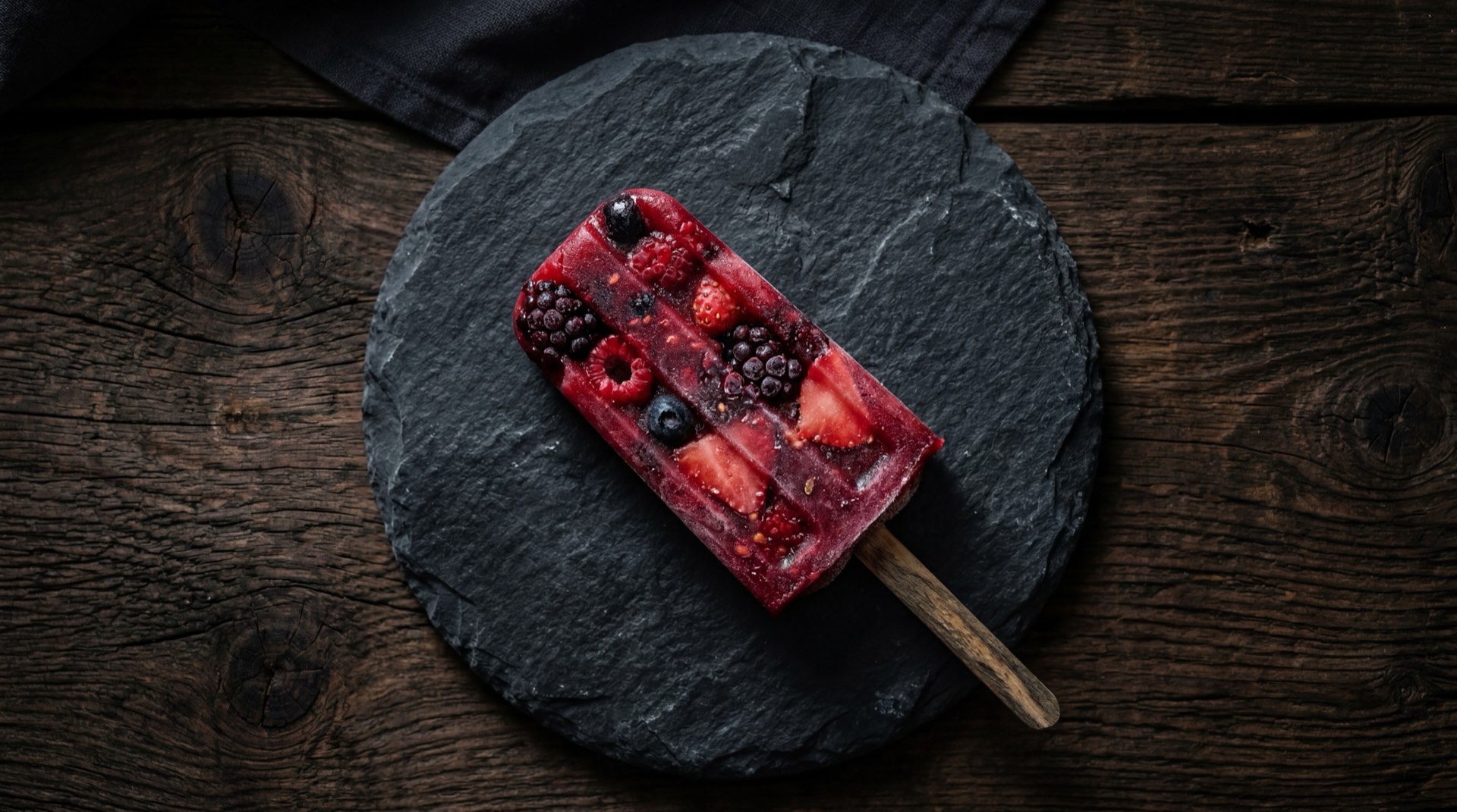 Paletas de fruta natural caseras de fresa roja y mango amarillo congeladas sobre superficie oscura como alternativa saludable a la Colombineta