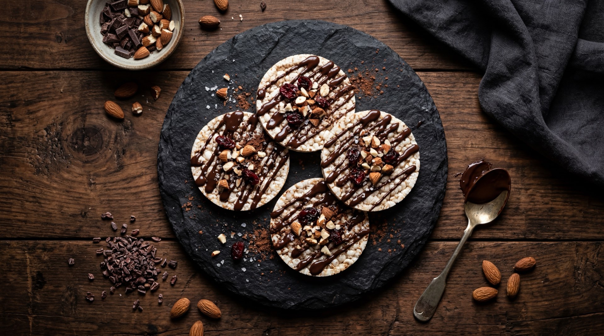 Alternativa saludable al Combi Jet: barra de granola casera con cacao puro, avena integral y almendras tostadas sin azucar anadida sobre superficie oscura