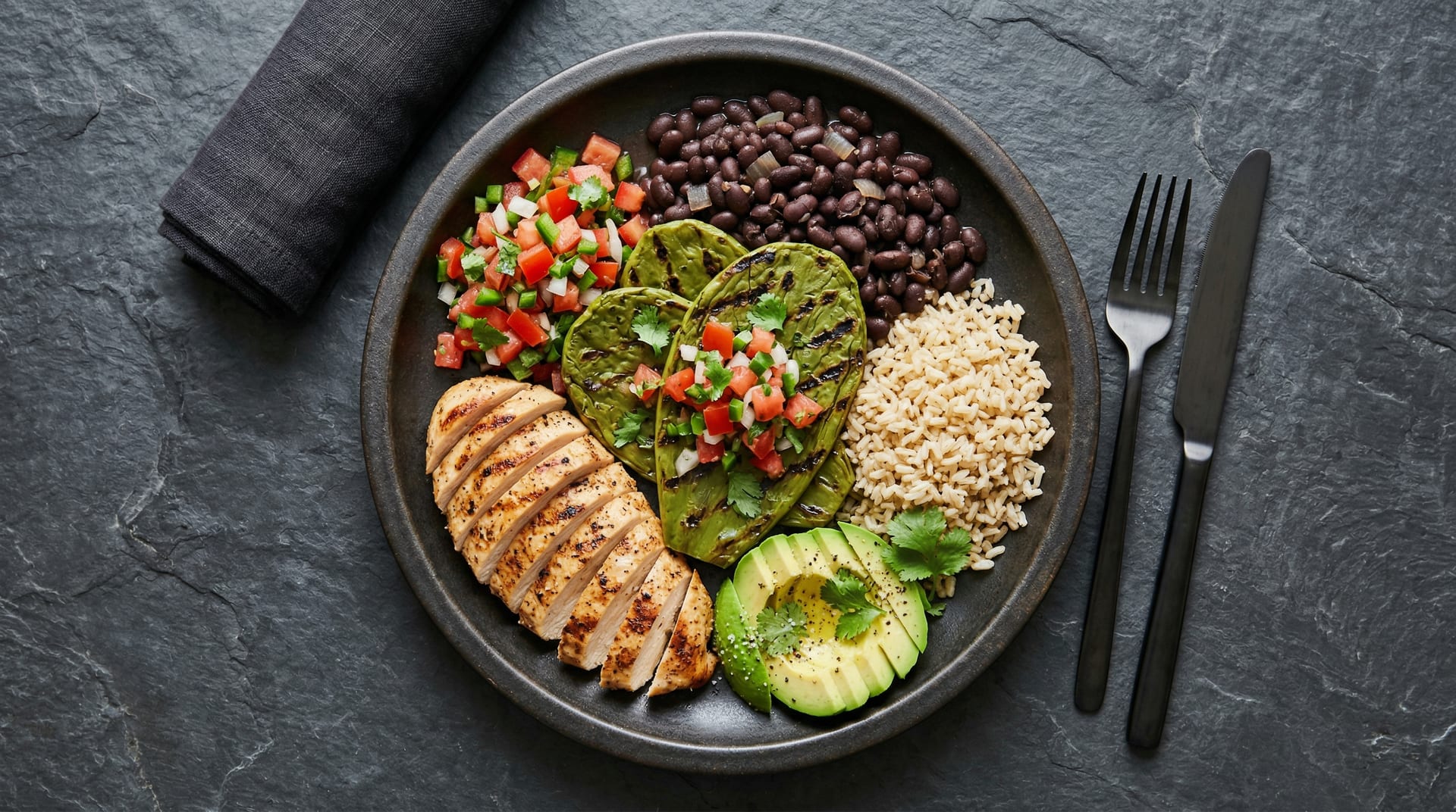 Platillos mexicanos ligeros servidos en mesa: caldo de pollo con verduras, tacos de pescado a la plancha con repollo y esquites sin mayonesa